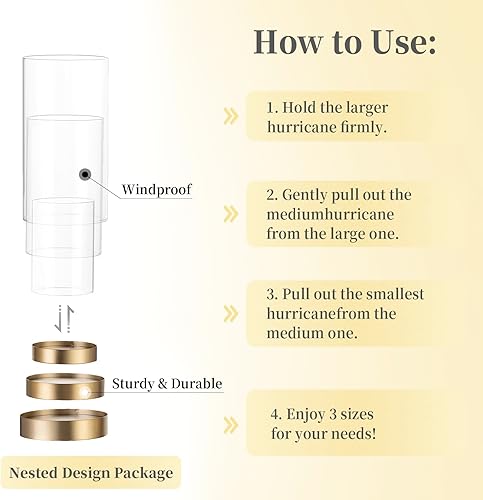 Miniatura 2 de Hewory Portavelas de huracán para velas de pilar Juego de 3 portavelas votivas doradas, diseño de huracán de cristal con placa de vela de metal,