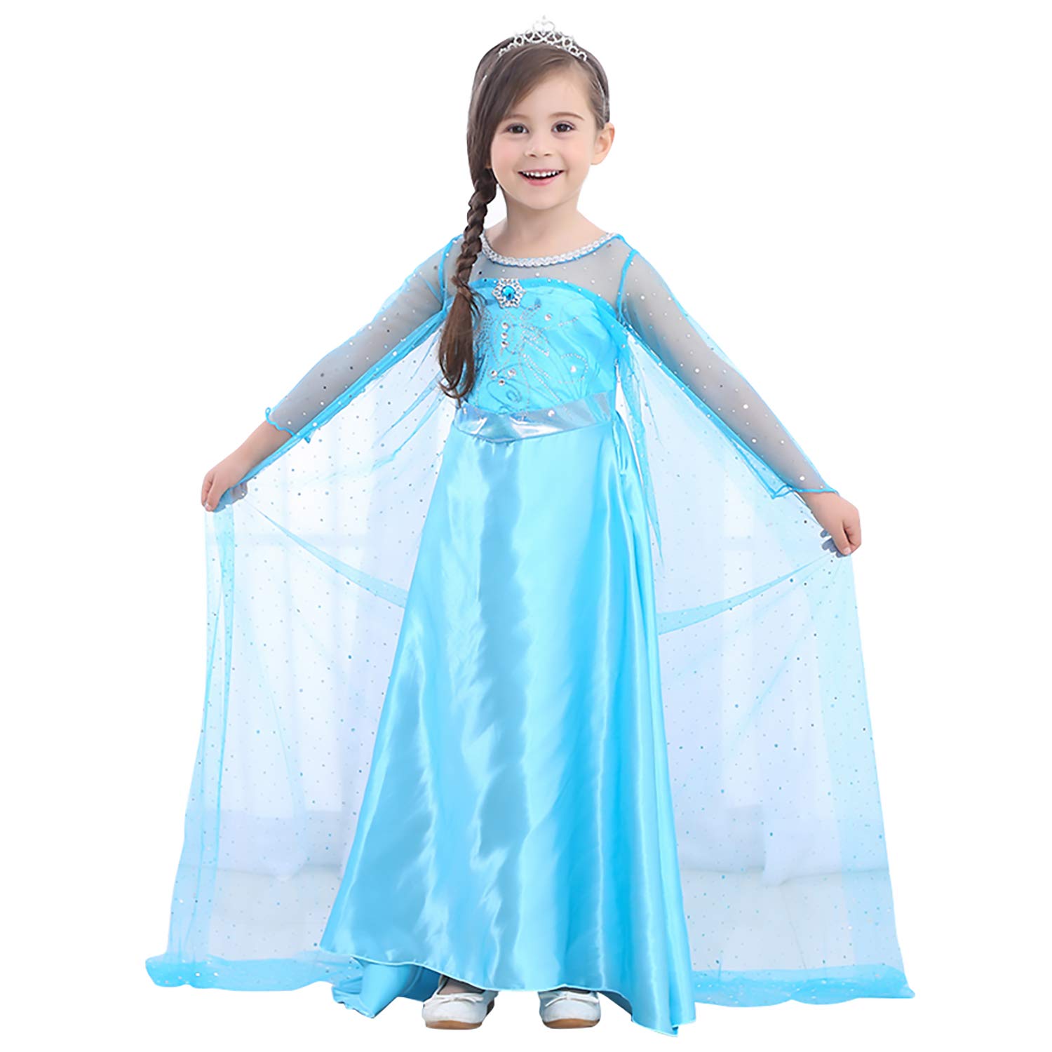 URAQT Vestito Principessa Bambina, Set da Principessa Corona Bacchetta Guanti Treccia, Carnevale Abito delle Ragazze di Natale Vestito Fantasia, Vestito Fiocco di Neve