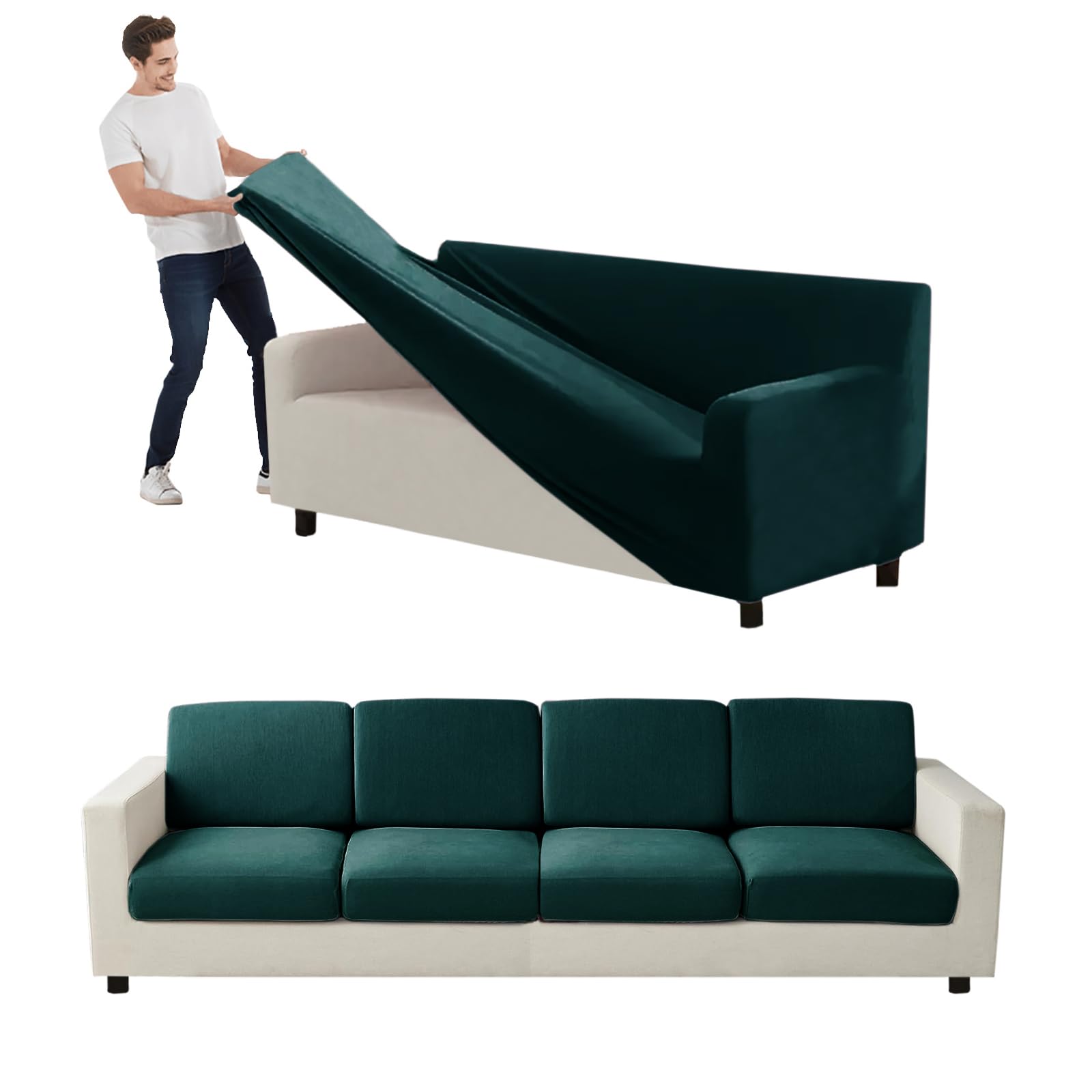 Housses de canapé extensibles velours vert foncé XL avec taie d'oreiller salon
