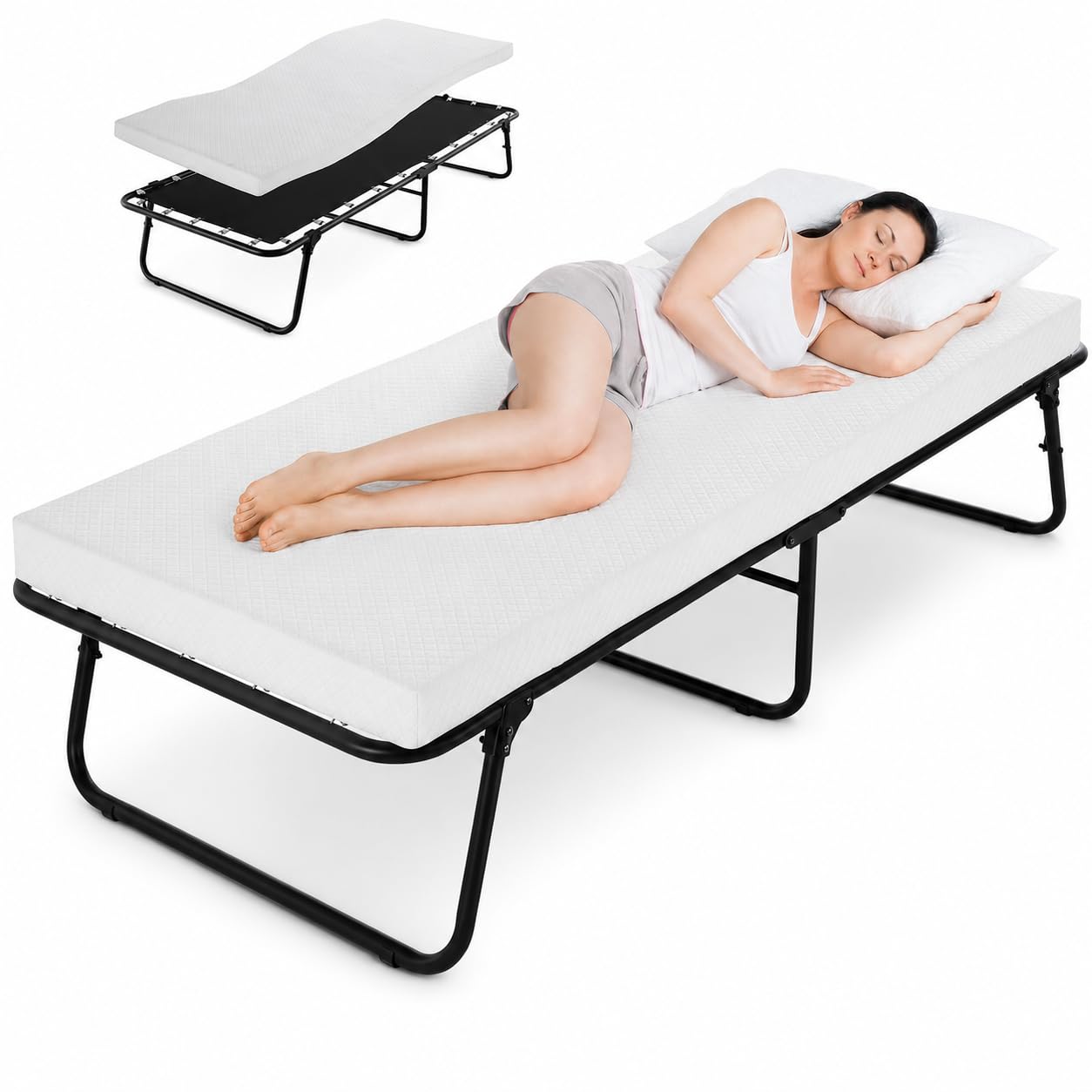 MAMIZO Lit Pliant 1 Personne 80 x 190 cm, Lit Pliable Adulte Portable | avec Matelas en Mousse Mémoire de 7cm,Lit d'Appoint Pliable,Lit Invité,Déplier et Utiliser,pour Bureau,Camping,Voyage,Hôpital