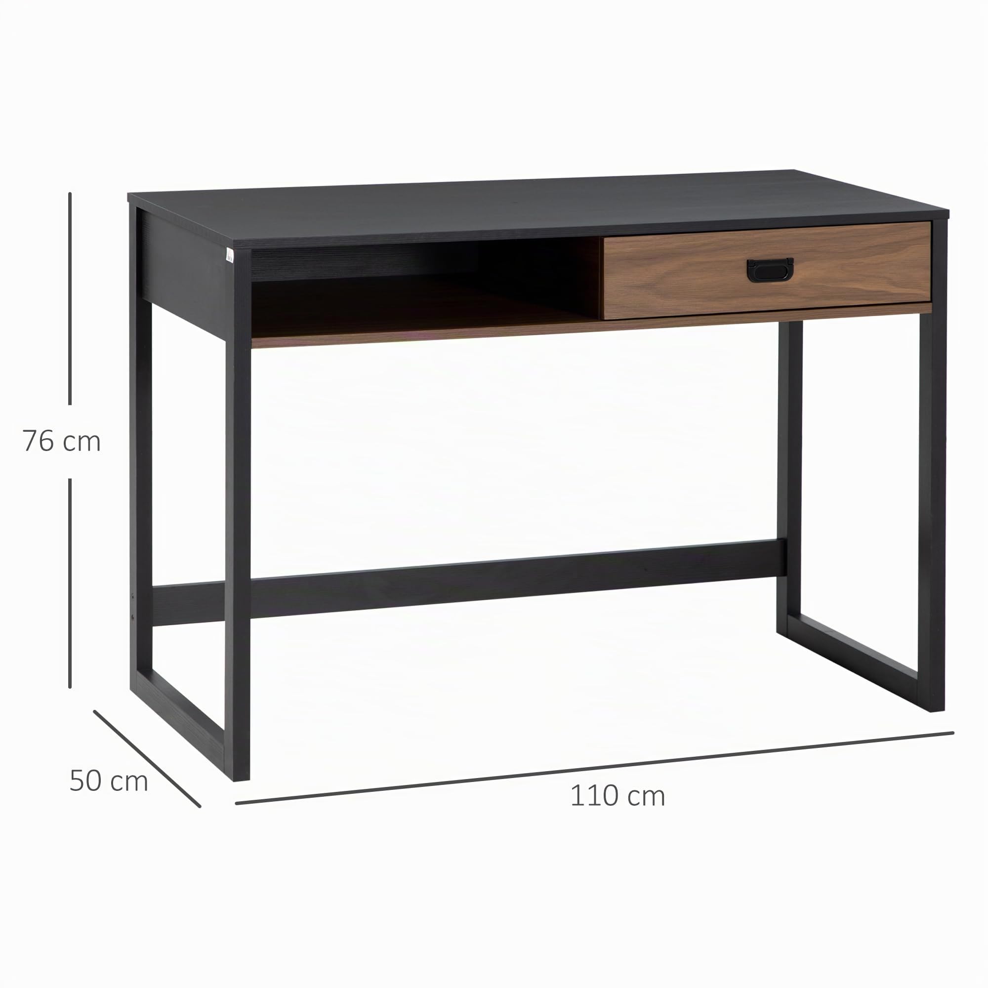 HOMCOM Scrivania per Camera e Ufficio con Ripiano 110x50x76cm Noce e Nero | Cassetto, in Legno, Stile Industriale