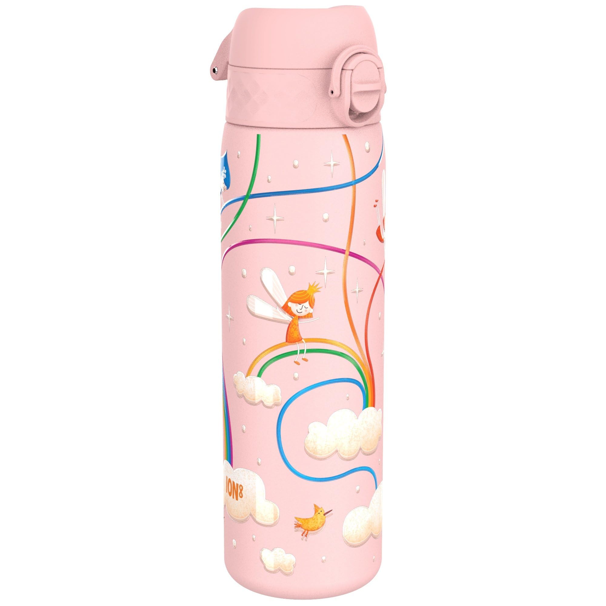 ion8 Leicht Stahl-Trinkflasche, 600 ml, Nicht IsoliertAuslaufsicher, Einhandöffnung, Sichere Verriegelung, Spülmaschinenfest, Klappdeckel, Tragegriff, Leicht zu Reinigen, Feen