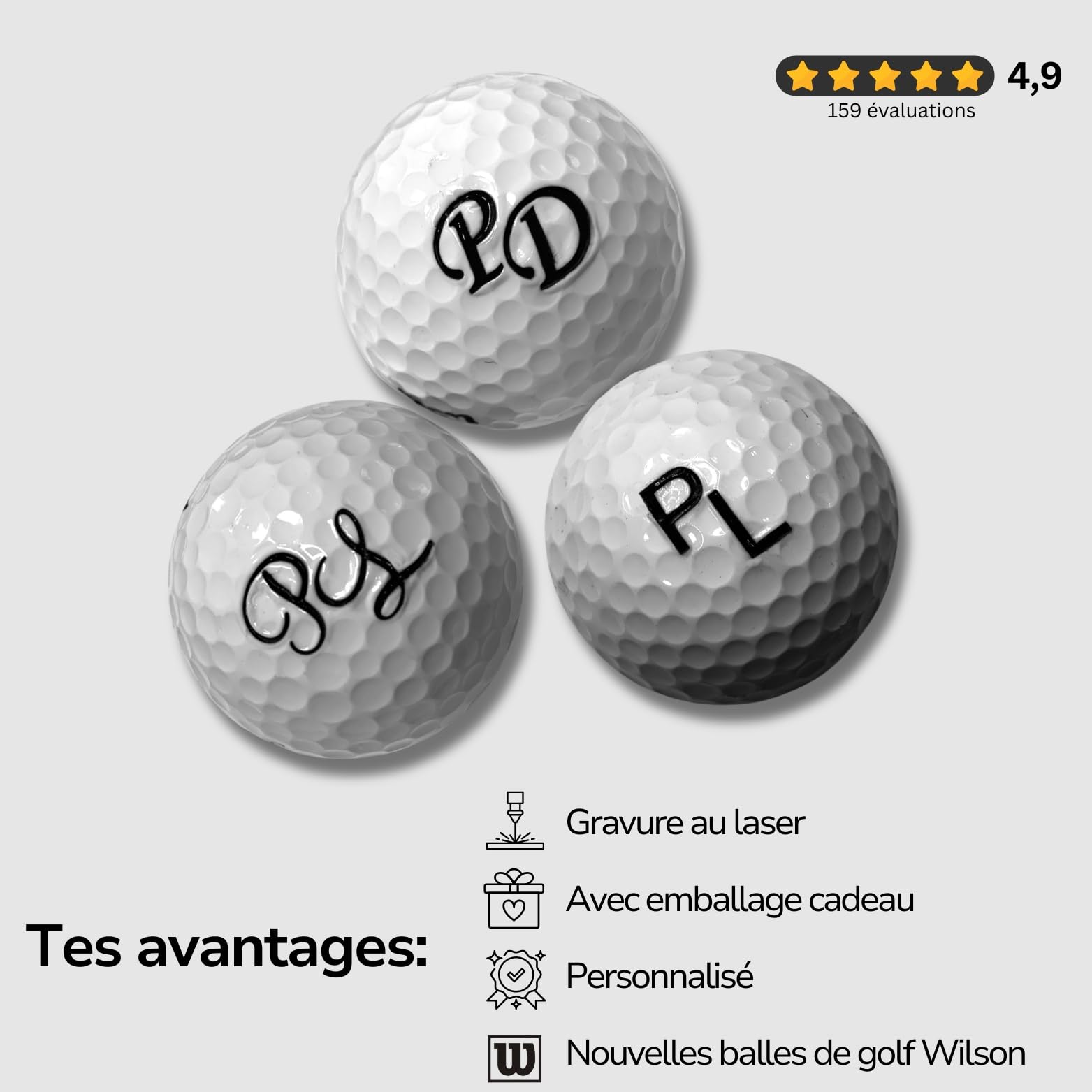 Étui en cuir pour balle de golf avec initiales gravées au laser - Personnalisable - Avec 4 balles de golf Wilson Ultra