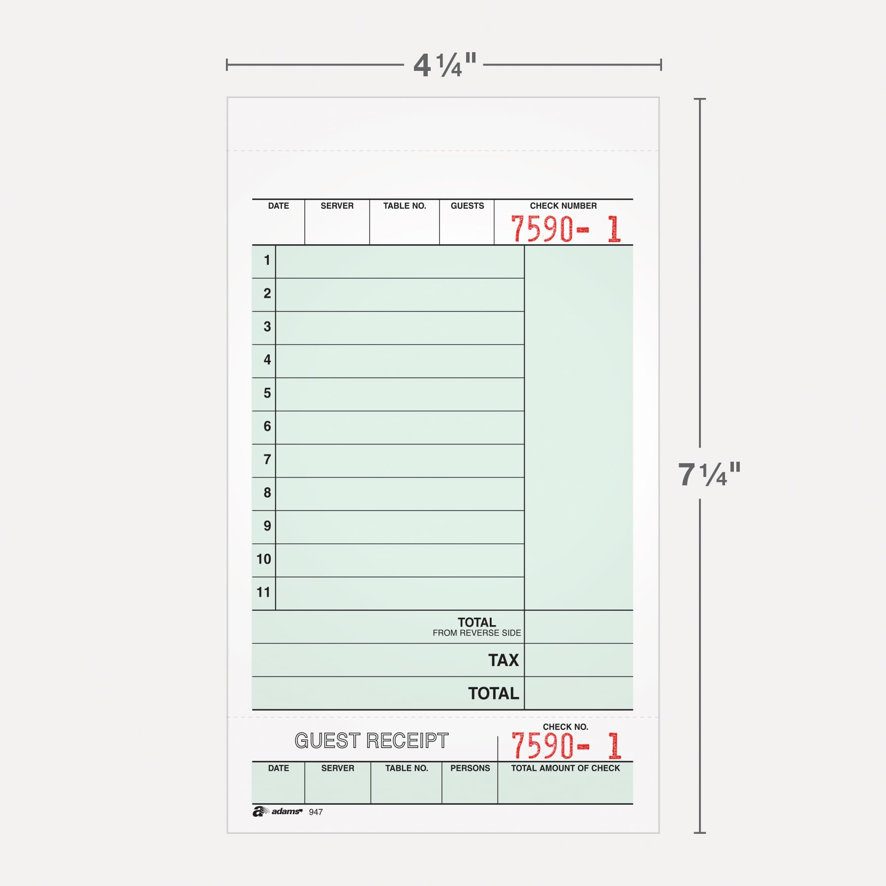 Adams Guest Check Unit Sets, 2-Part, Carbonless, White Bond/Tag, 4-1/4 x 6-3/4 Inches Detached, 250 Sets/Pack (947SWC)