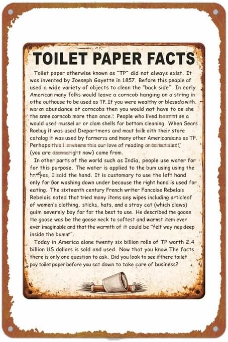 Toilet Paper Facts Retro Plaque Funny Informative Wall Art Metal Sign