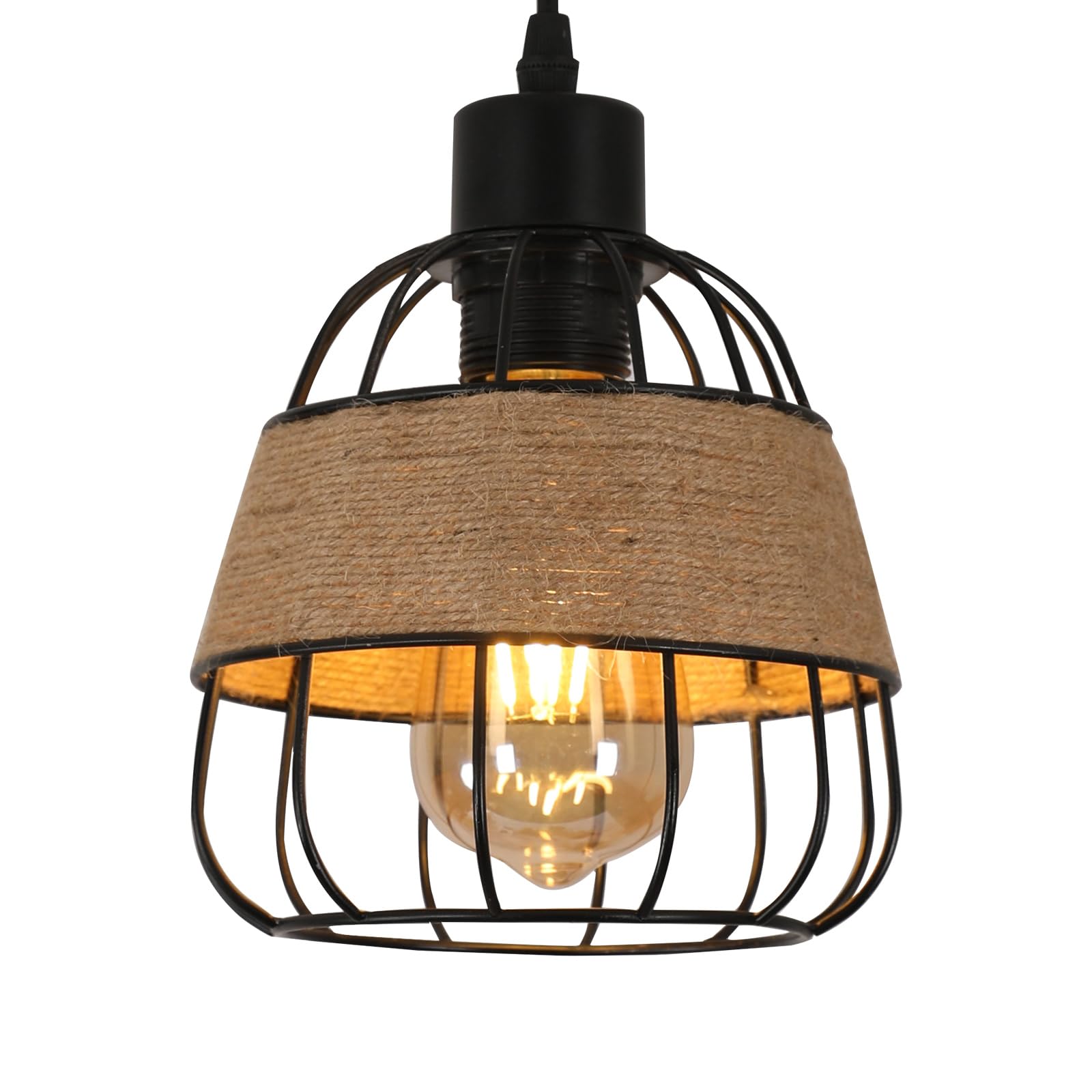 Riserva Lámpara Colgante Industrial, Jaula de Hierro Negro y Cuerda de Cáñamo, E27 Lámpara de Techo Vintage de Diseño Geométrico para Cocina, Salón, Dormitorio (16x22CM)