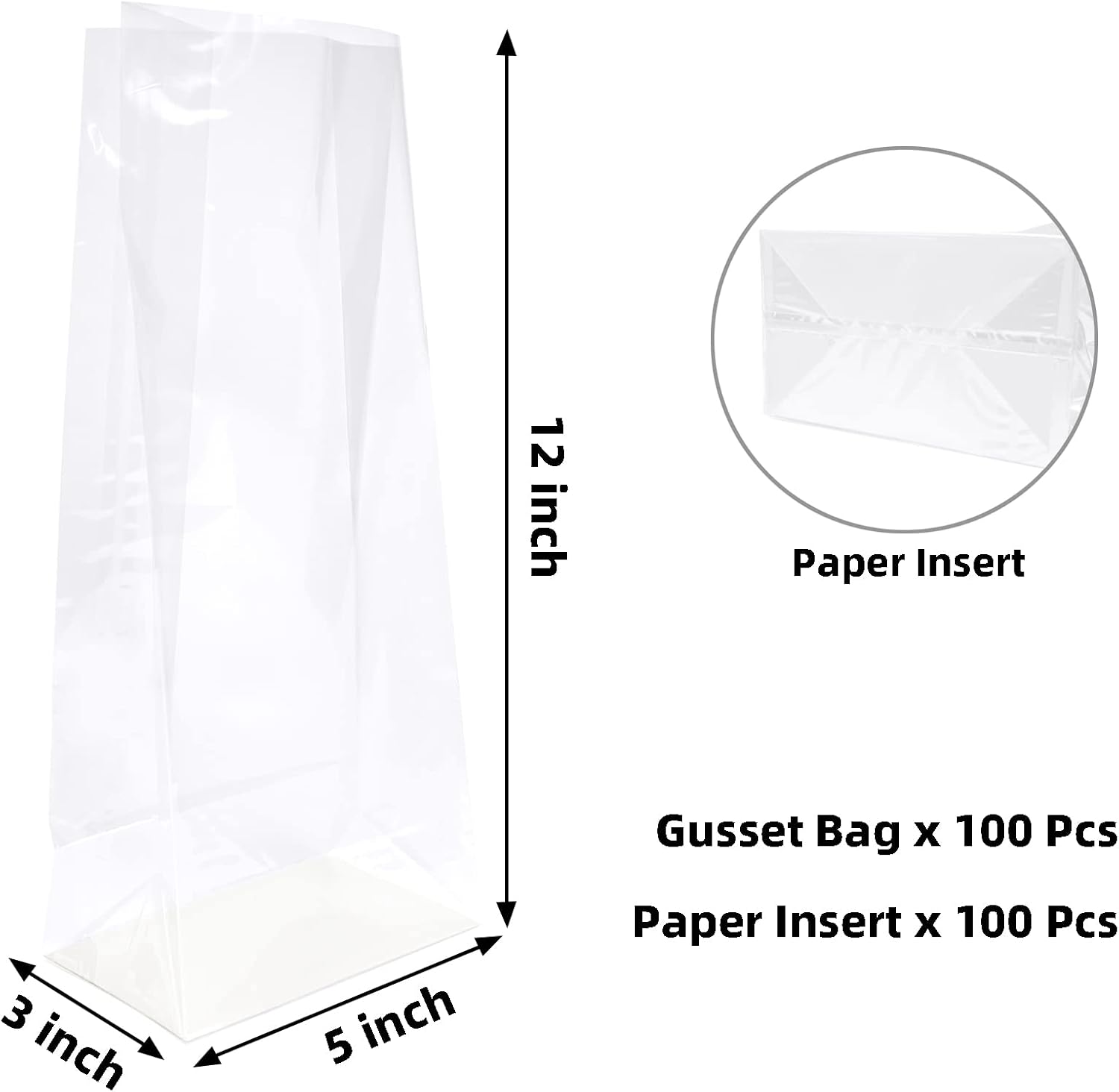 Yotelab Flat Bottom Cellophane Bags, 5x3x12 Inches Gusseted Cellophane Bags With Paper Insert,100 Pieces