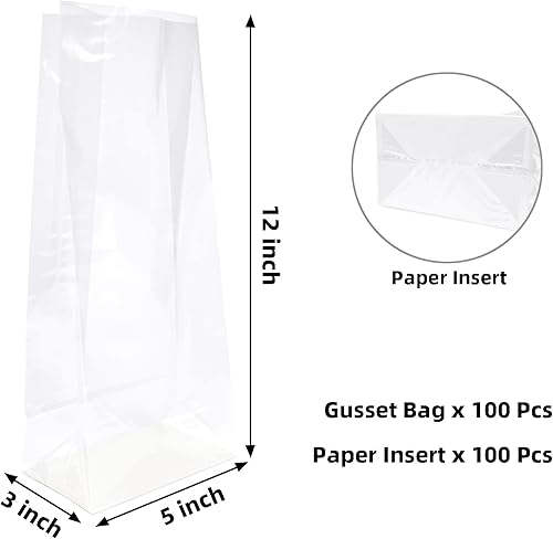 Miniatura 2 de Yotelab Bolsas de celofán de fondo plano, 5 x 3 x 12 pulgadas, bolsas de celofán reforzado con inserto de papel, 100 unidades