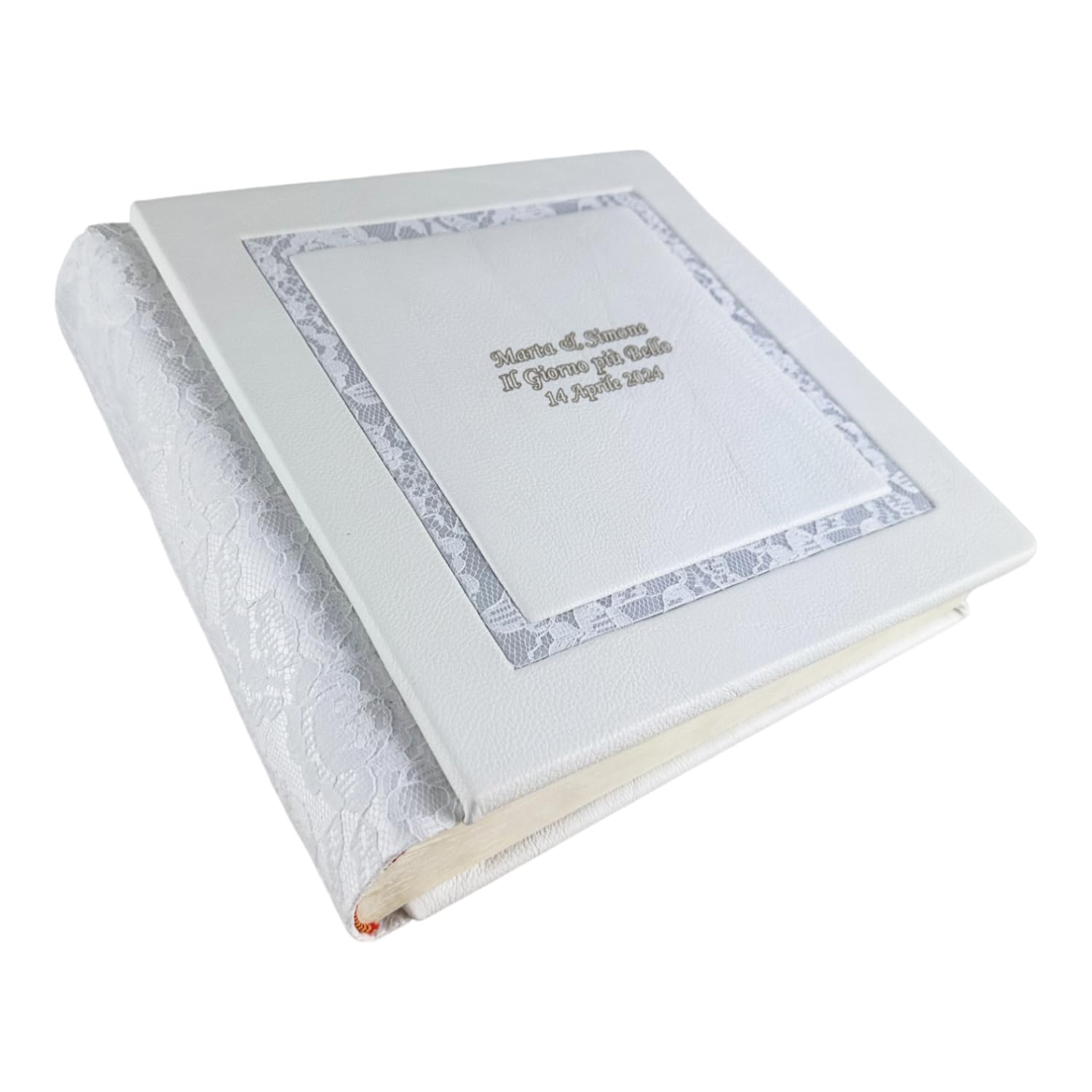 Album fotografico - Giove Double - produzione artigianale in similpelle, personalizzabile con incisione. classico con velina, Matrimonio, Compleanno, Regalo, Wedding, Anniversario (Bianco/Macramè)