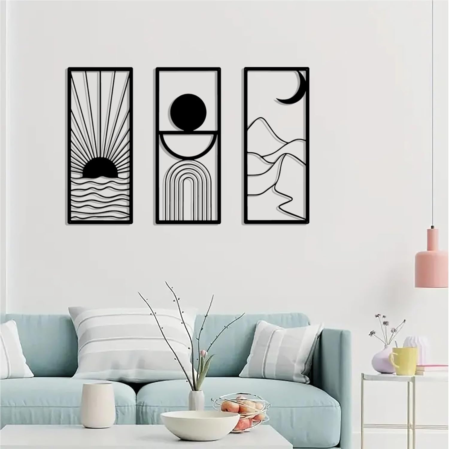 DUOOLN 3 Pcs Black Abstract Metal Wall Decor, Minimalist Decorative Single Line Art Wall hangings, Modern Geometric Sun Moon Mountain Scene Metal Wall Sculpture for Living Room Bedroom Bathroom Study Home Wall Painting
