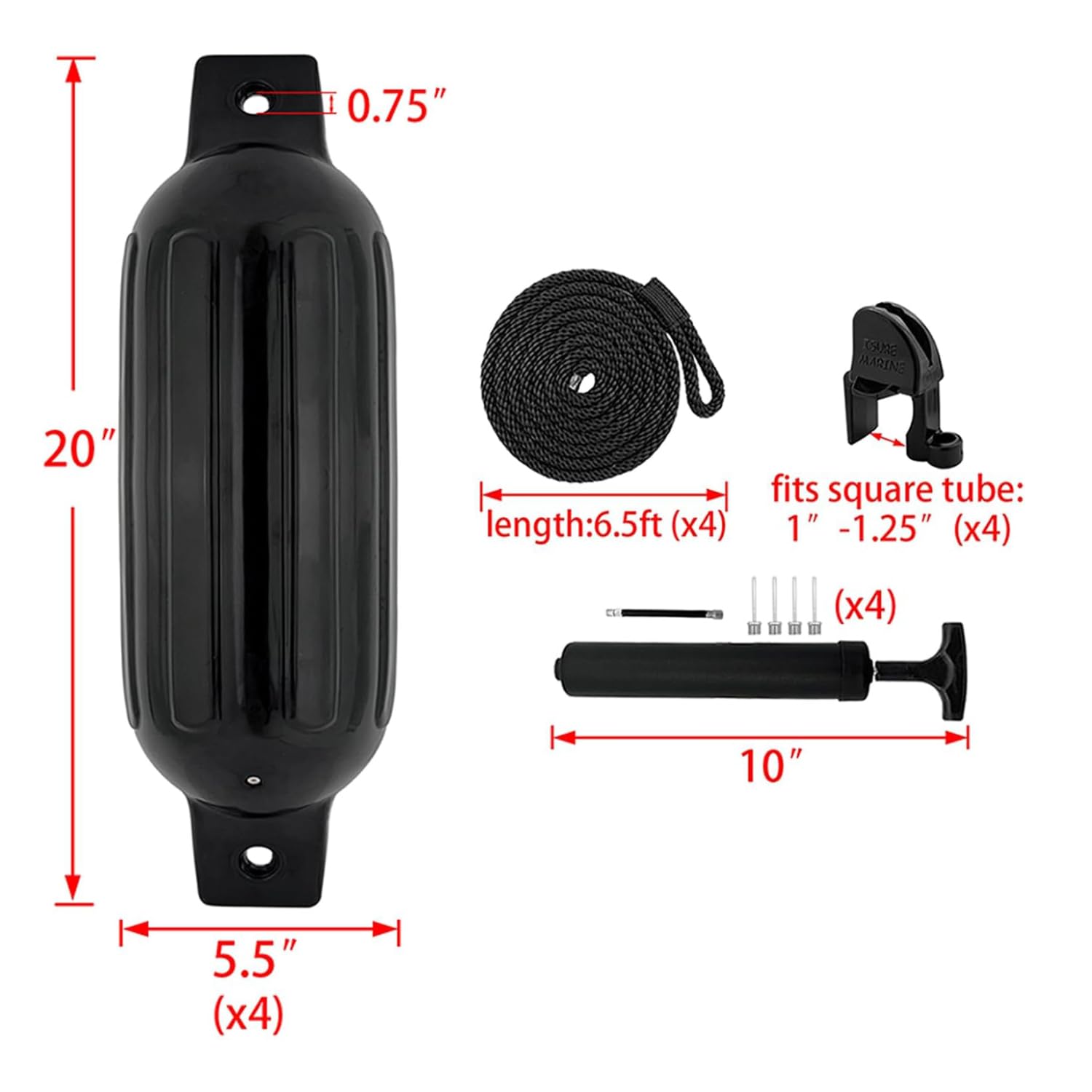 NEWFUN 4X Fender Boot,Bootsfender,50 * 14cm Kotflügelsatz Mit Kotflügelleitungen, Einschließlich Pumpe, Vier Luftbolzen, Antikollisionsschutz, Geeignet für Boote von 3 bis 6 Metern PVC