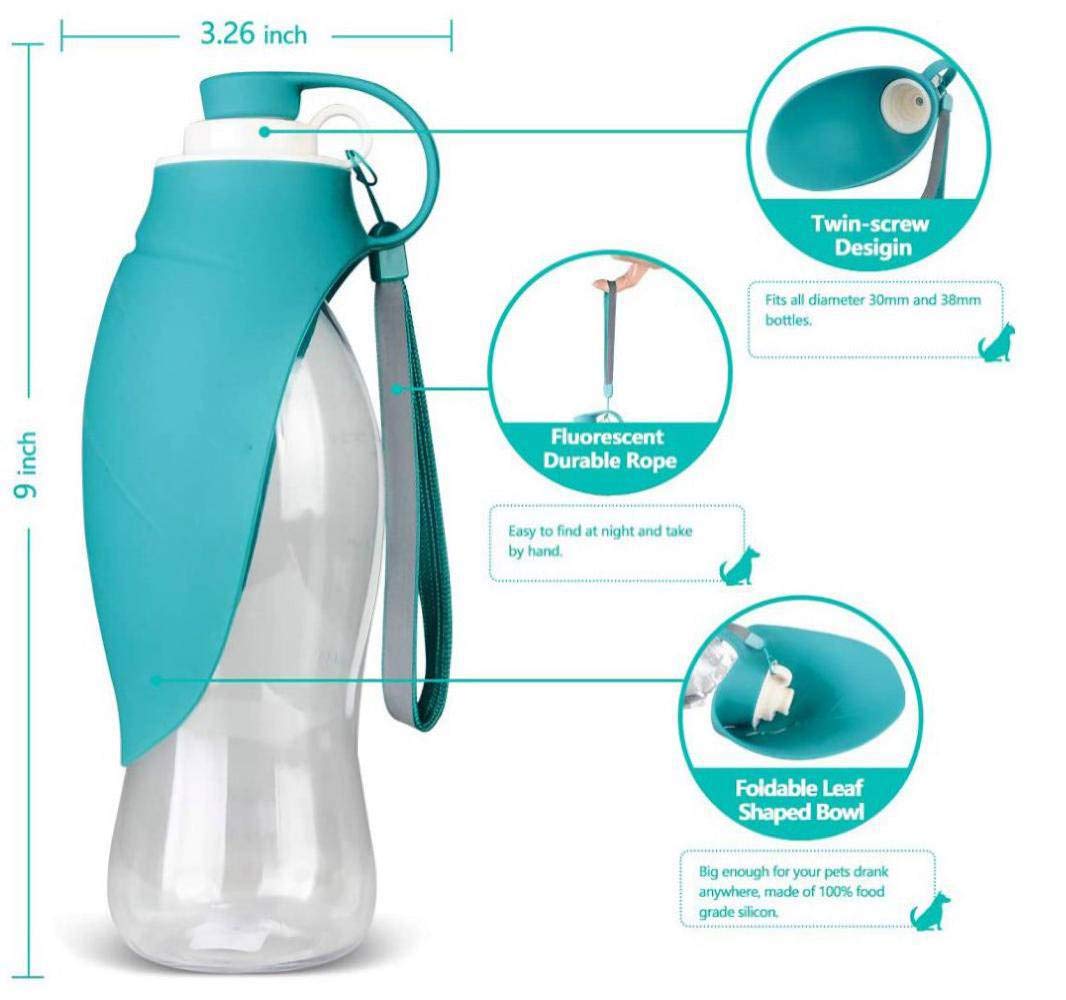 Botella de Agua portátil de Viaje para Perros, Tapa Plegable como Cuenco, Botella de Silicona, Exterior, 580 ml (Azul)