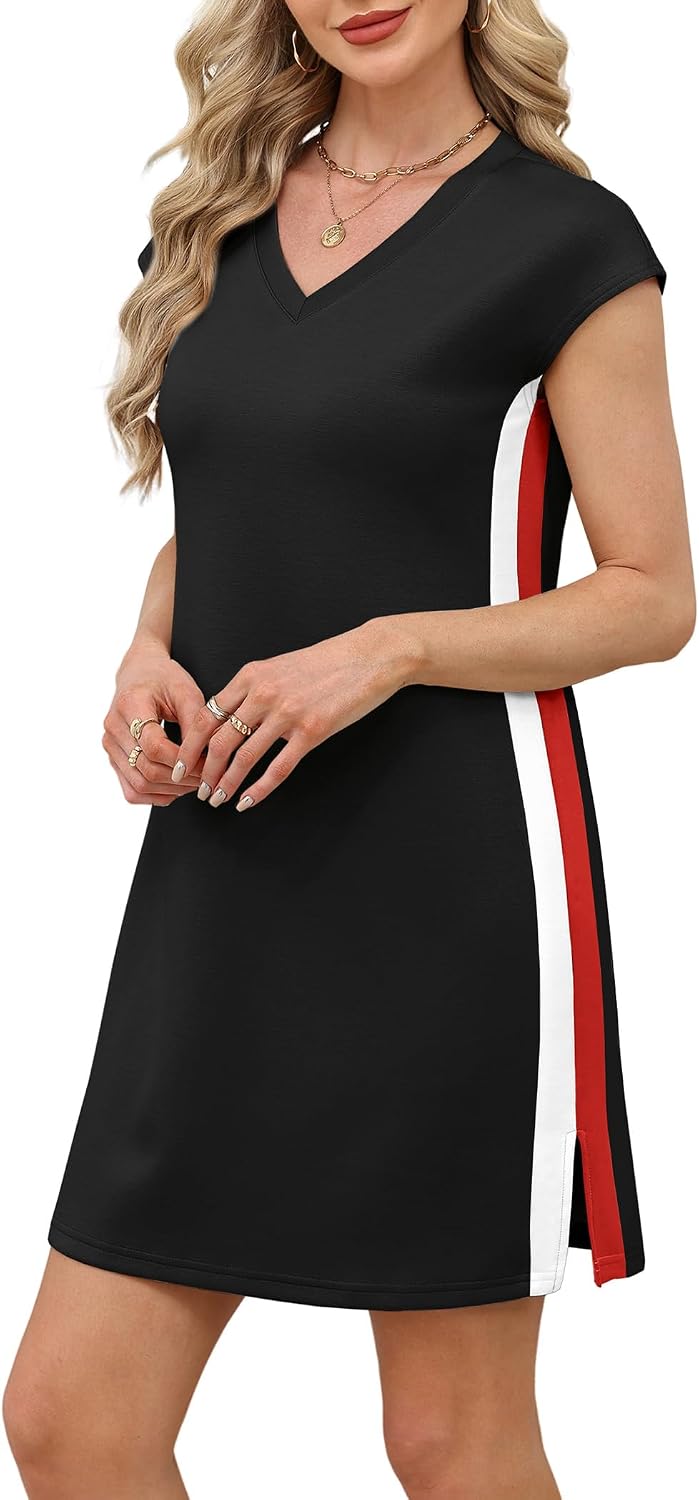 Sampeel Summer Dresses for Women 2025 Casual Cap Sleeve Dress Color Block Beach Vacation Clothes Spring Dress Side Split