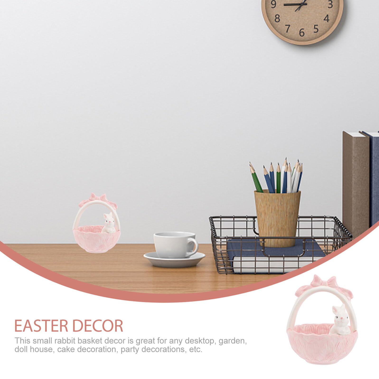 Ornamento in Ceramica Coniglio e Cestino Rosa per Decorazione da Scrivania e Casa, per Addobbi Pasqua e Feste Primaverili