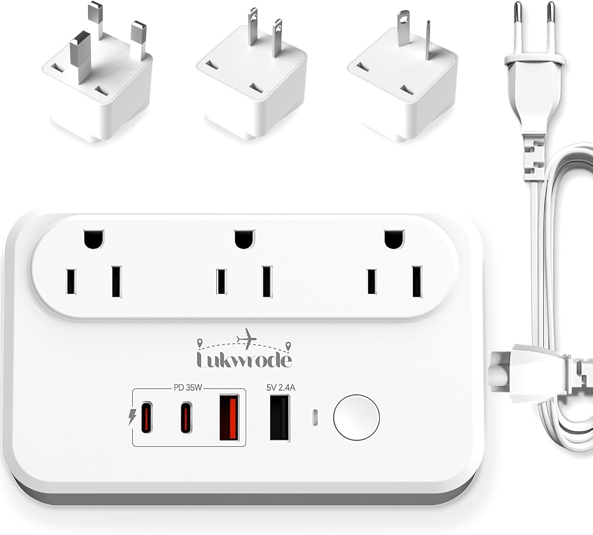 220V to 110V Voltage Converter Universal Travel Adapter with 35W PD 2 Type C Port 2 USB A Port,US to Europe International Power Converter Combo Plug for Worldwide European US EU AU UK White-W