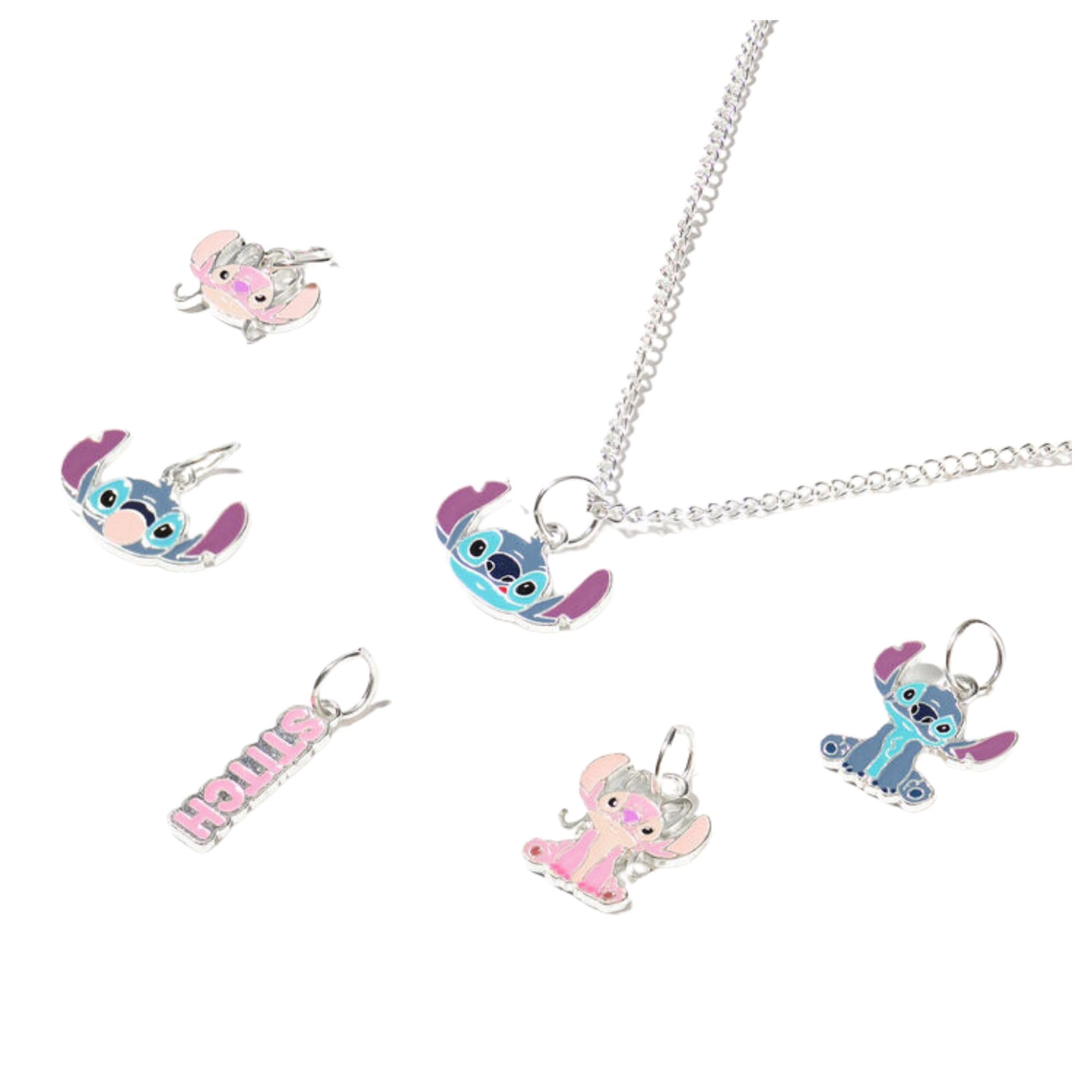 Claire'sDisney Stitch Multi Charm Necklace, Silver-tone Chain with 6x Stitch and Angel Charms, Pink/Blue