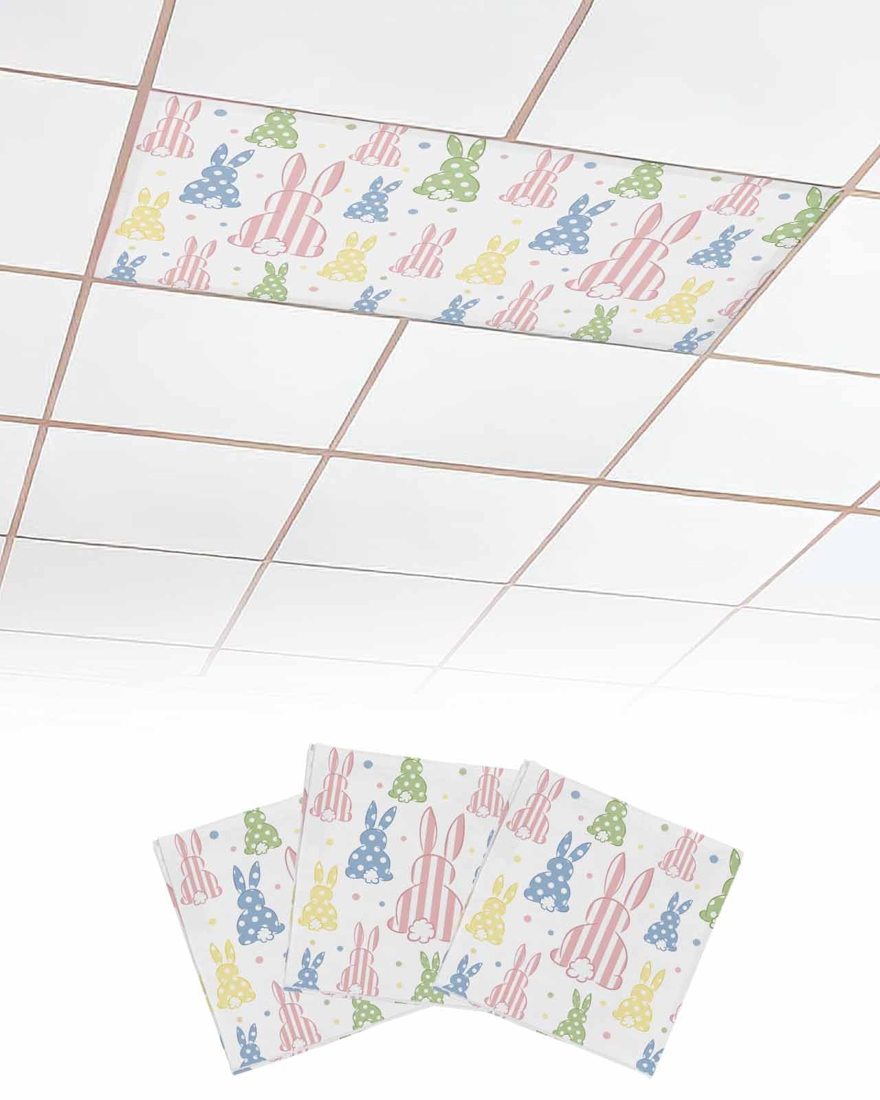 EwdeWwo Easter 3 Pcs Fluorescent Light Covers for Ceiling Lights, Color Wave Point Striped Rabbit Magnetic Light Filters for Eliminate Harsh Glare Classroom Office Decoration, 4 x 2 Ft
