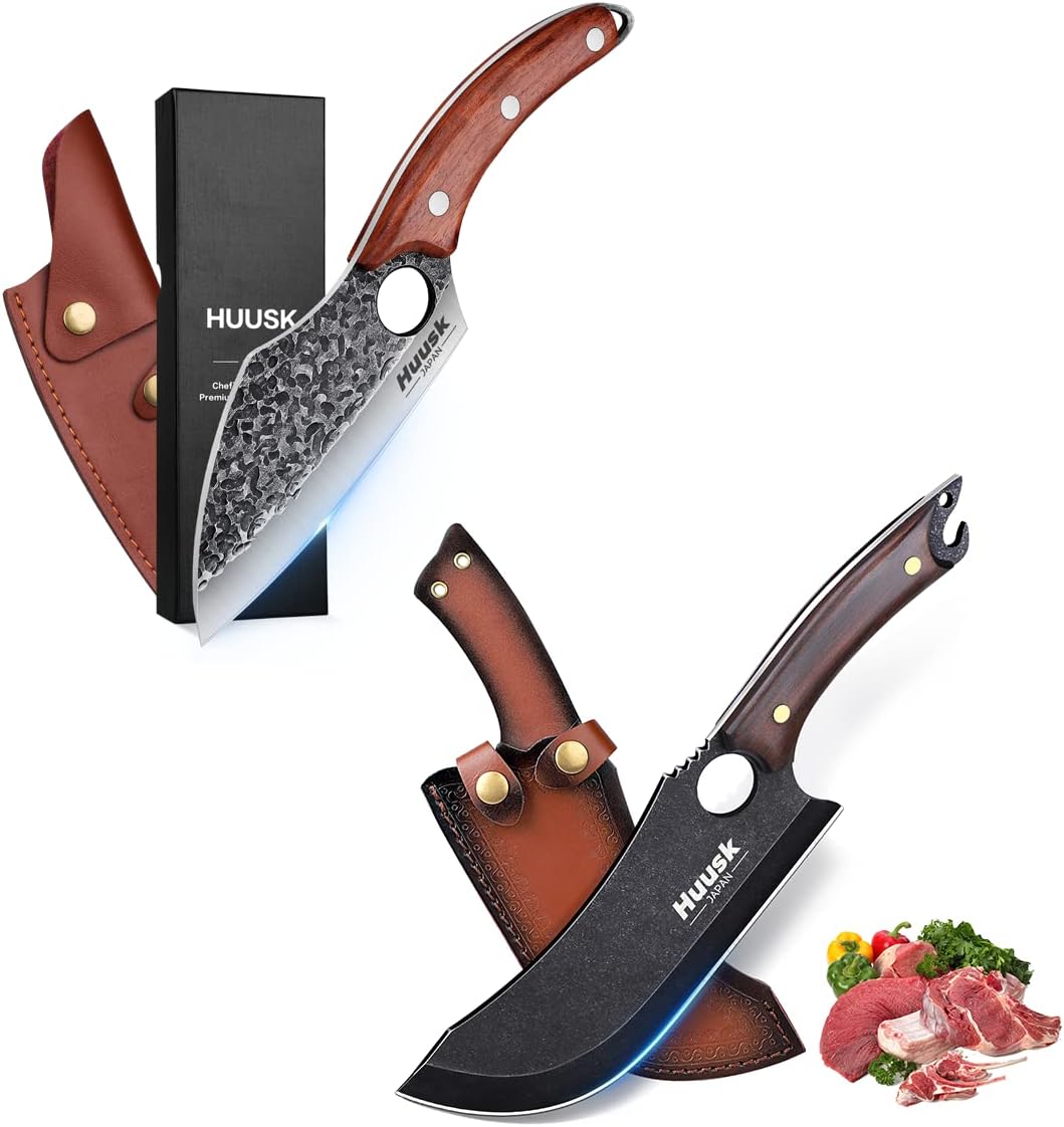 Huusk Japn Knife Set Hand Forged Meat Cleaver for Meat Cutting Butcher Knife with Sheath Outdoor Cooking Camping Knife Set