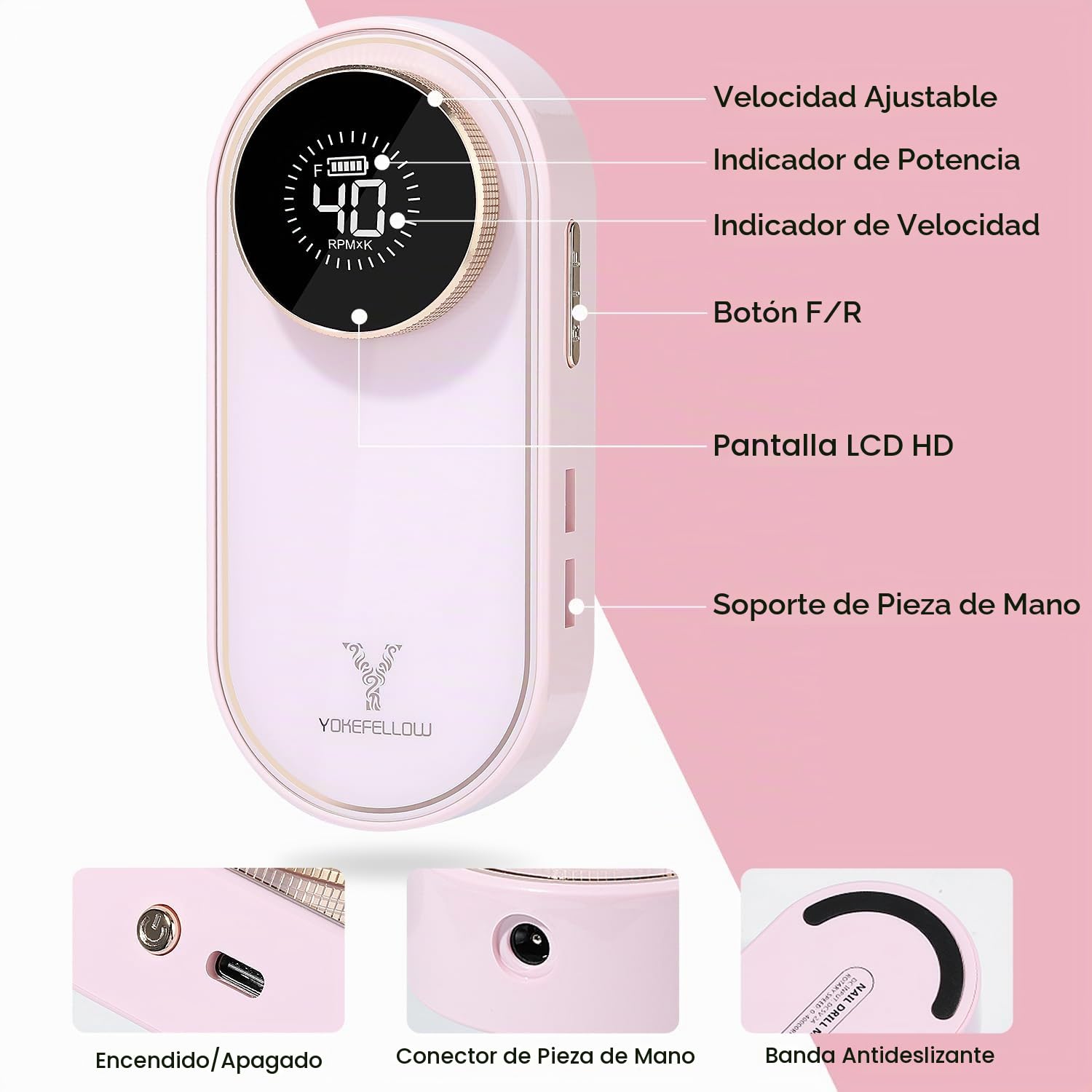 YOKE FELLOW Taladro de uñas profesional de 40000 RPM con 12 brocas para lima de uñas eléctrica, manicura, pedicura, uso doméstico (rosa)
