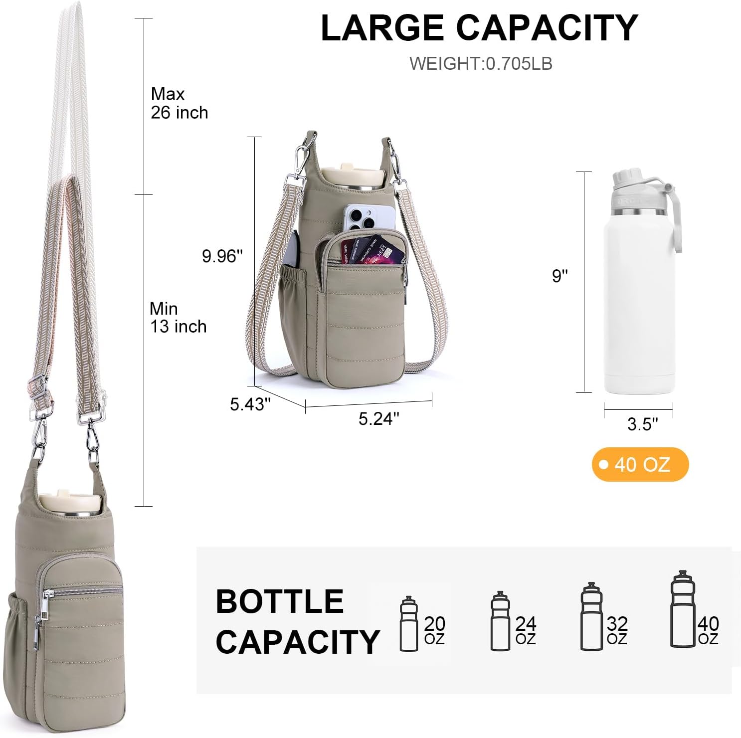 Water Bottle Bag 40 oz Crossbody Bag Insulated Carrier Purse Holder for Walking Hiking with Adjustable Strap - Image 5