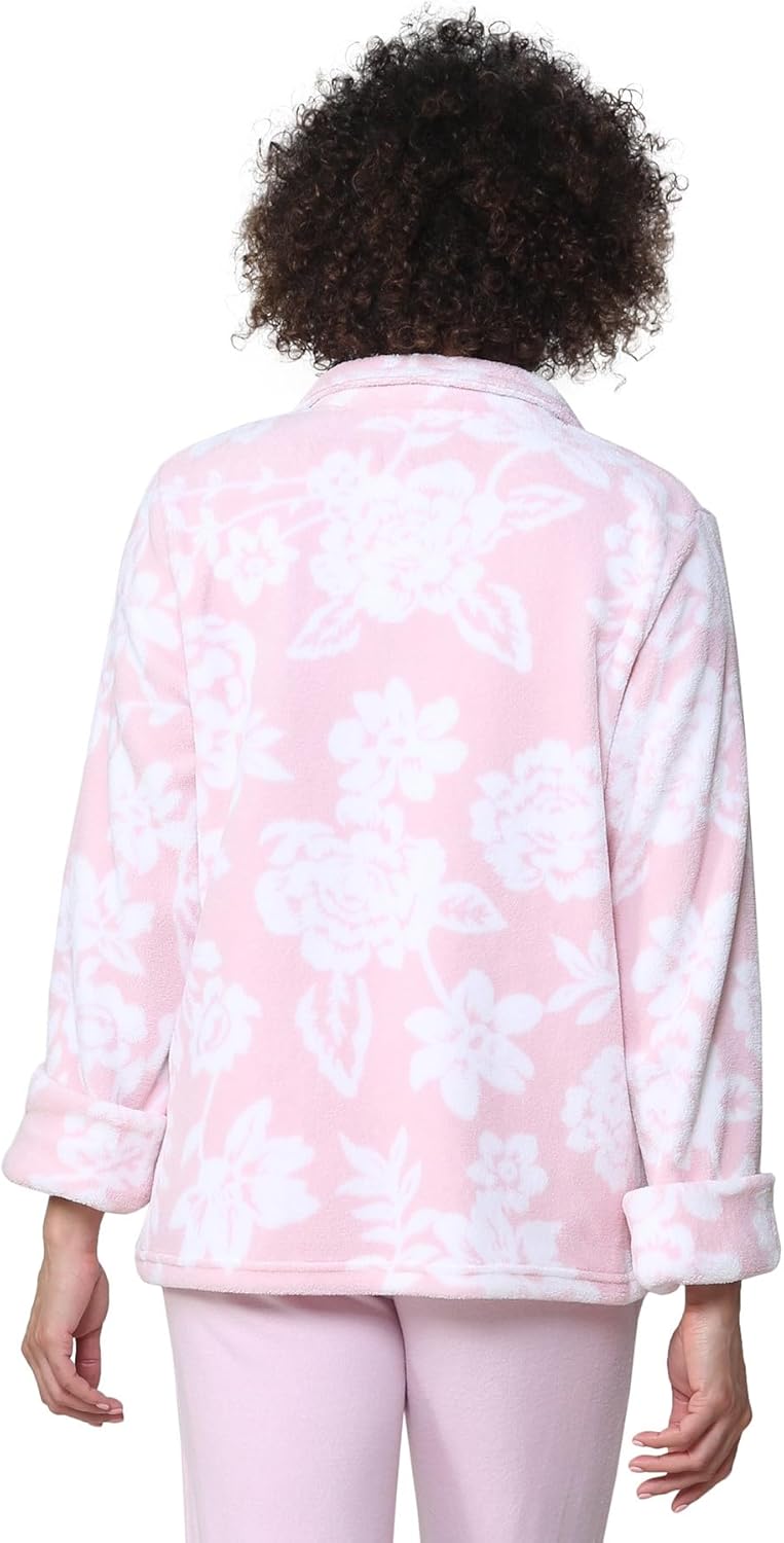 LA CERA Women Floral Microfleece Bed Jacket with Mandarin Collar, Long Sleeves, Front Pockets, Button Front, 100% Polyester - Image 2