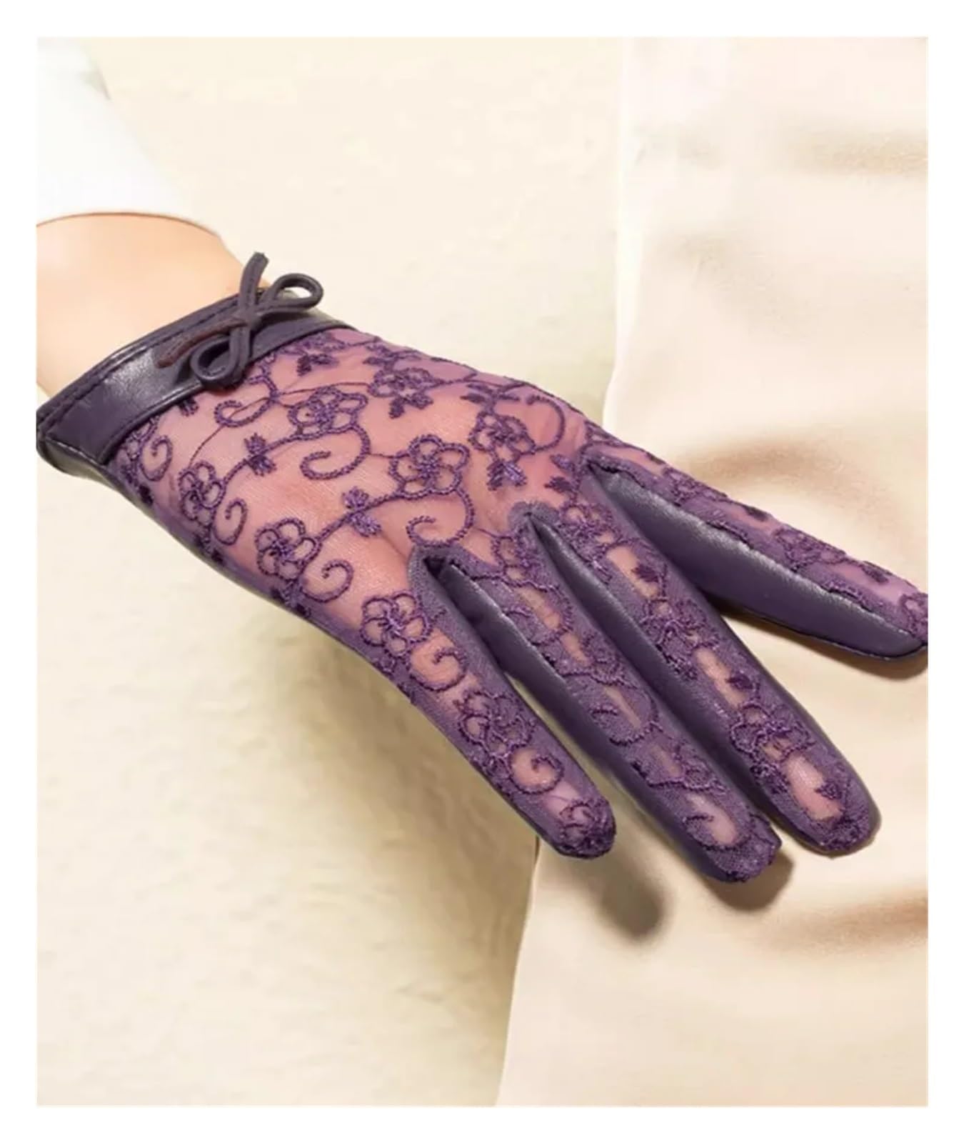 Women Breathable Patchwork Flower Lace Genuine Leather Gloves