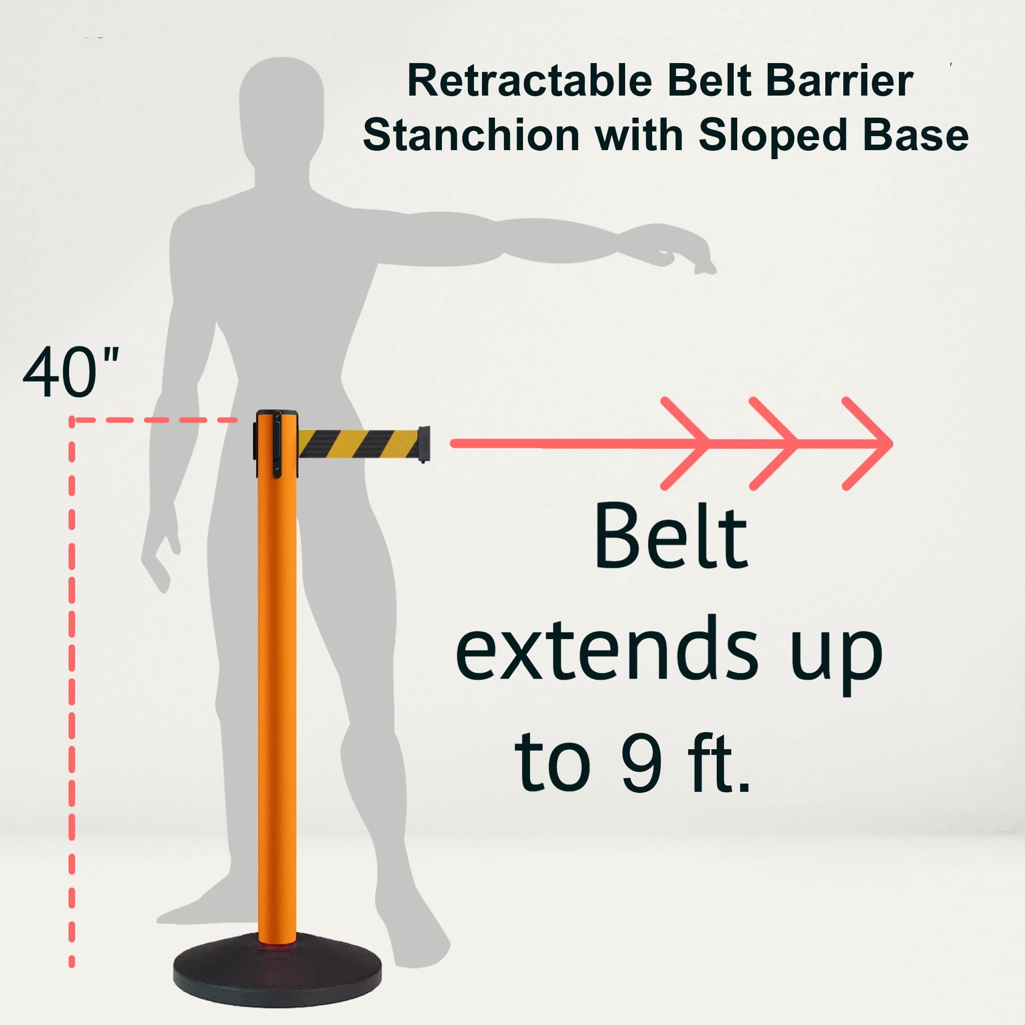 Montour Line MS630 Set of 2 Retractable Belt Barrier Stanchion, Sloped Base, Orange Post (9 ft Orange Belt)