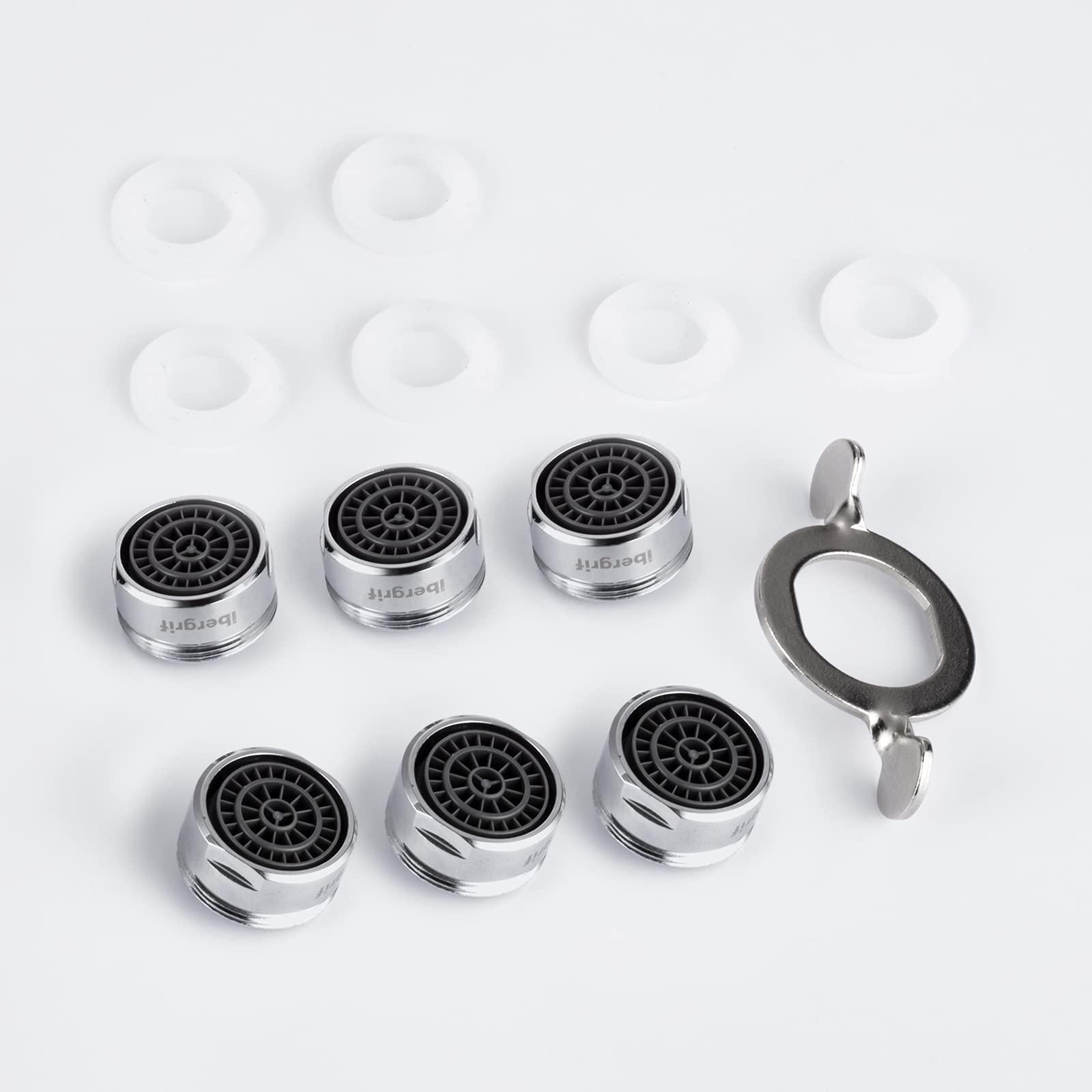 Ibergrif M91005 6 Piezas Aireador Grifo M24, Filtro Grifo de Lavabo de Cocina, Carcasa de Latón y Filtro de ABS, Incluye 8 Juntas y 1 Llave Inglesa, Plata
