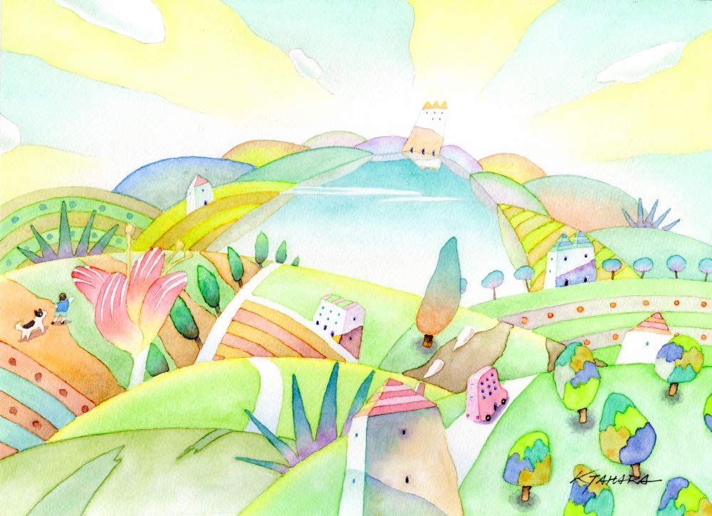 Amazon | 田原健二 「私の故郷」 ナイーフアート 絵画 水彩画 額付き