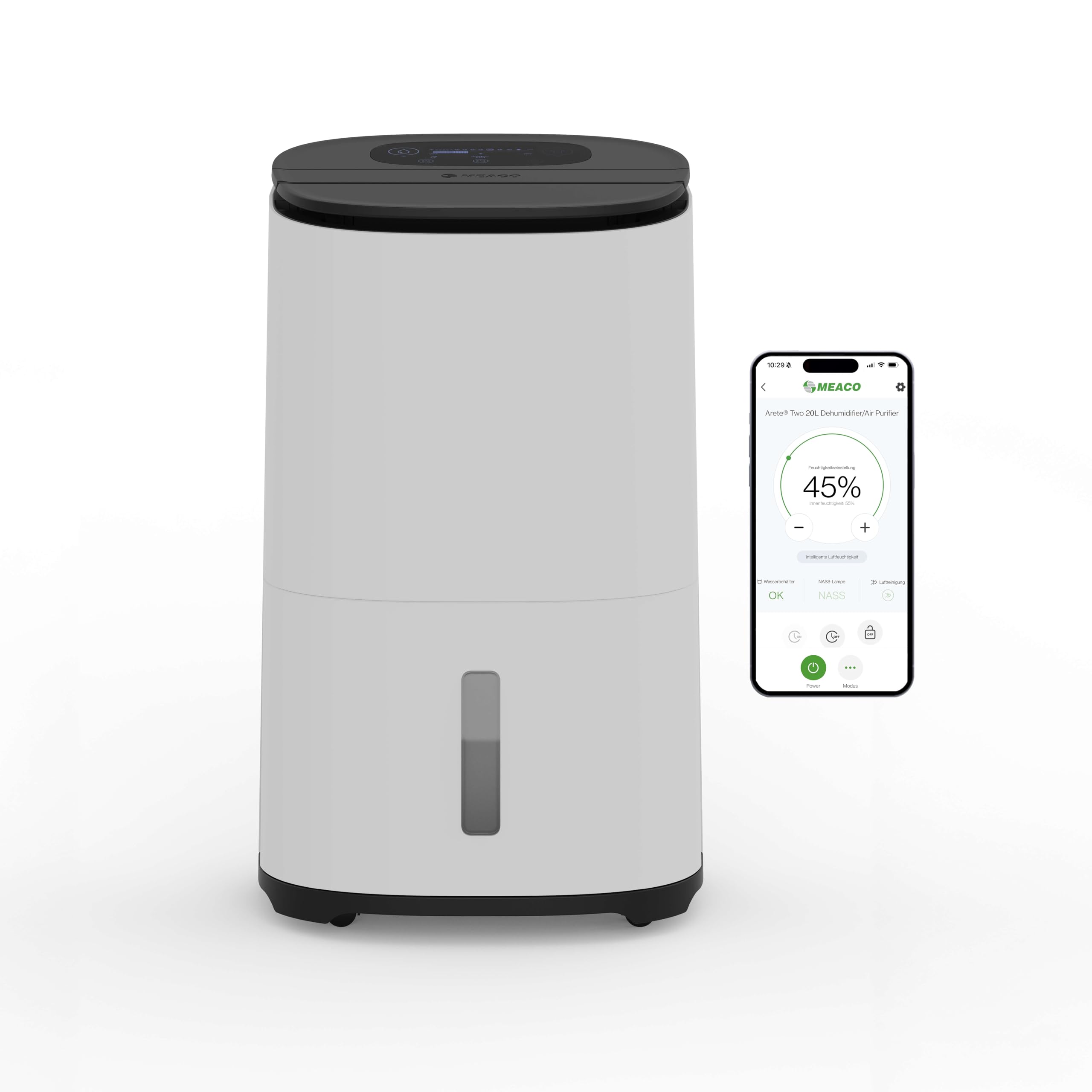 Meaco MeacoDry Arete® Two 20L Luftentfeuchter & HEPA-H13-Luftreiniger, Meaco-WLAN-App, intelligenter Feuchtigkeitsmodus, Wäschemodus, Stromsparmodus, leiser Modus, senkt Feuchtigkeit, 5 Jahre Garantie