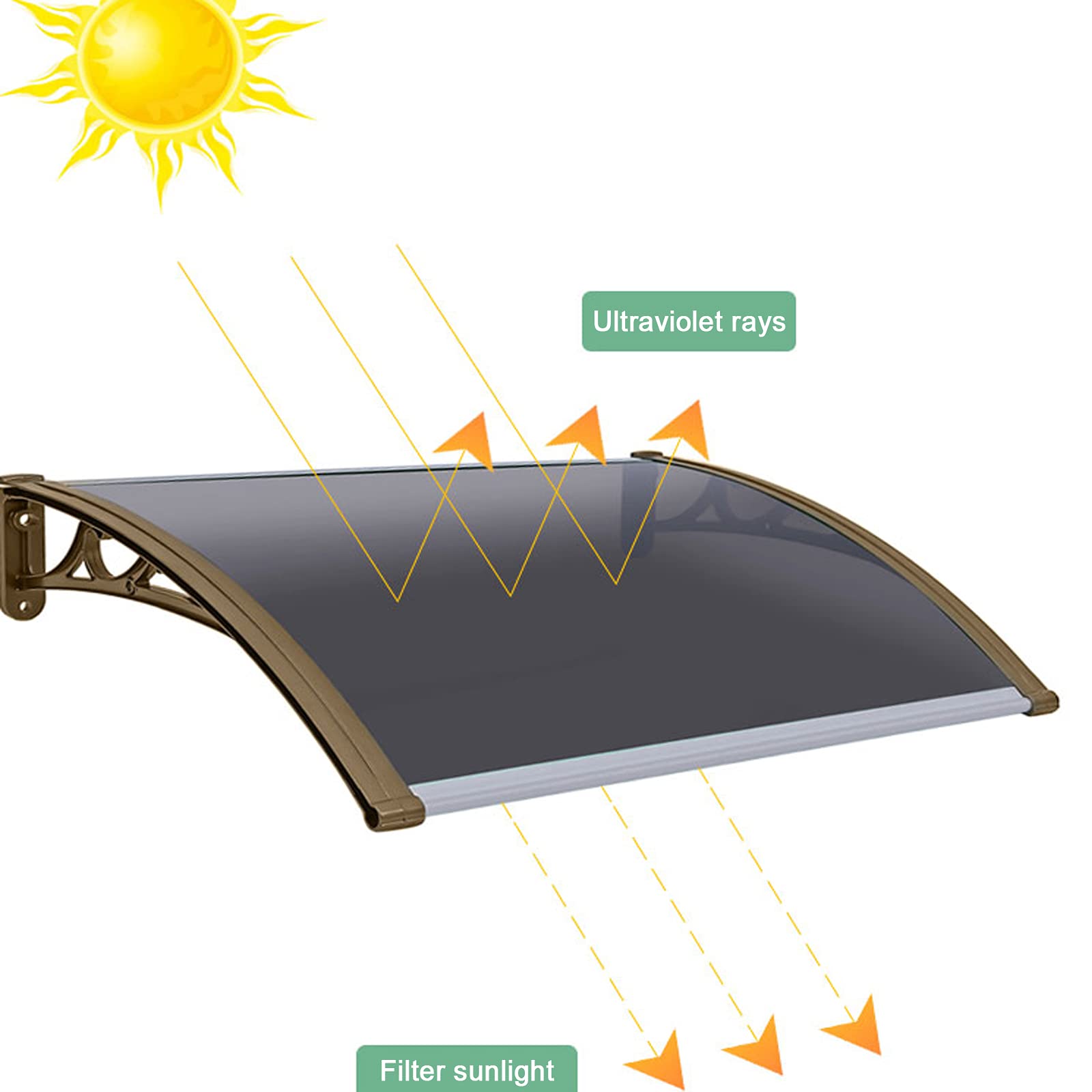 Pensilina Tettoia per Porta Balcone Esterno,Copertura in Policarbonato,Tenda Porta o Finestra Rain Snow Shelter,60/130/200/290/380/450cm,Marrone/Staffa Champagne (60x120cm/24"x47")