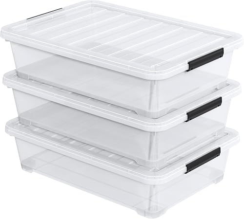 Contenedores de almacenamiento de plástico para debajo de la cama de 40 cuartos de galón con ruedas, 3 paquetes de caja de almacenamiento grande