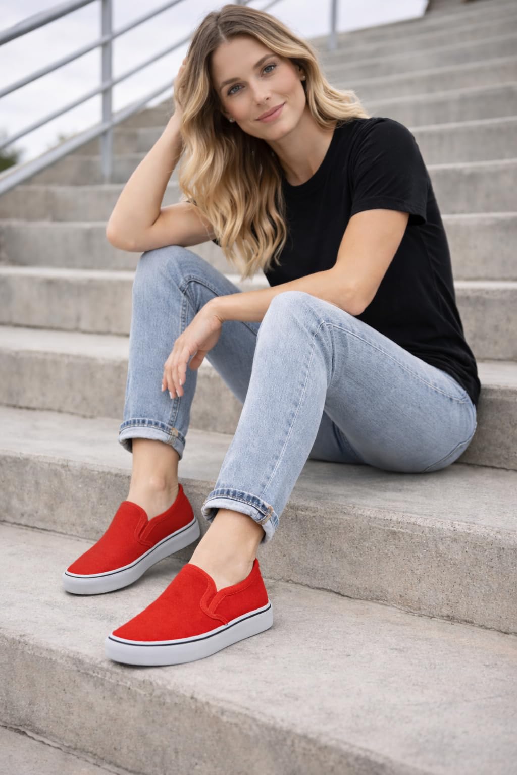 Emma Shoes Low-Top Slip Ons Women's Fashion Sneakers Casual Canvas Sneakers for Women Comfortable Flats Breathable Padded Insole Slip on Sneakers Women Low Slip on Shoes, Red, 8
