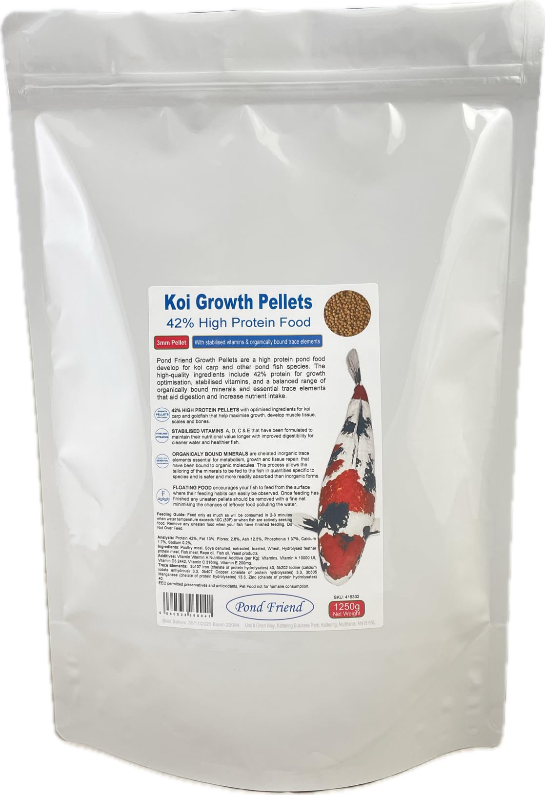 Pond Friend Koi Growth Pellets Floating Fish Food 1250g 3mm Carp & Goldfish High Protien Diet For Fast Growth