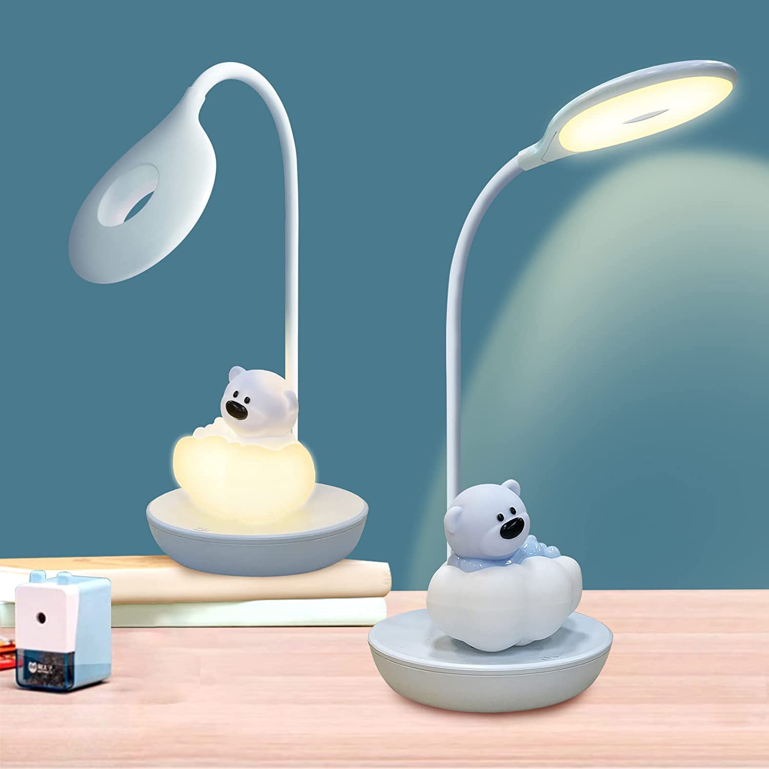 Kids Desk Lamp Pink, Dimming Desk Lamp for Girls with Exclusive Cartoon Look, Cute Night Light for Kids Bedroom, Eye-Caring LED Portable Reading Lamp for Child, Unique Gift (Blue Bear)