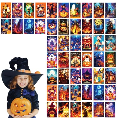 Walopola Tarjetas de felicitación de Halloween, 50 tarjetas de felicitación espeluznantes, 10,16 x 15,24 cm, con esqueleto y castillo fantasma, tarjetas de mensaje de vacaciones para