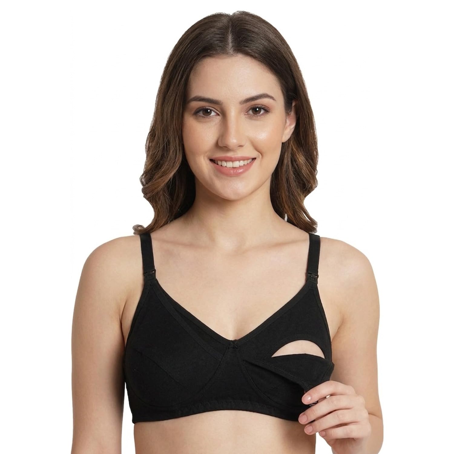 Maternity Nursing Bra for Women | Non-Padded Cotton Blend | Wire-Free V-Neck Feeding Bra (in, Numeric, 34, Free Size, A, 34, Regular, Big Girls, Black)-image-38