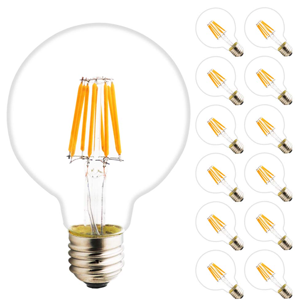 Pack de 12 bombillas LED G80 de filamento equivalente a 60 W E27, 8 W, 650 lúmenes, 2200 K, blanco cálido, 220 – 240 V CA, cristal regulable, 360°