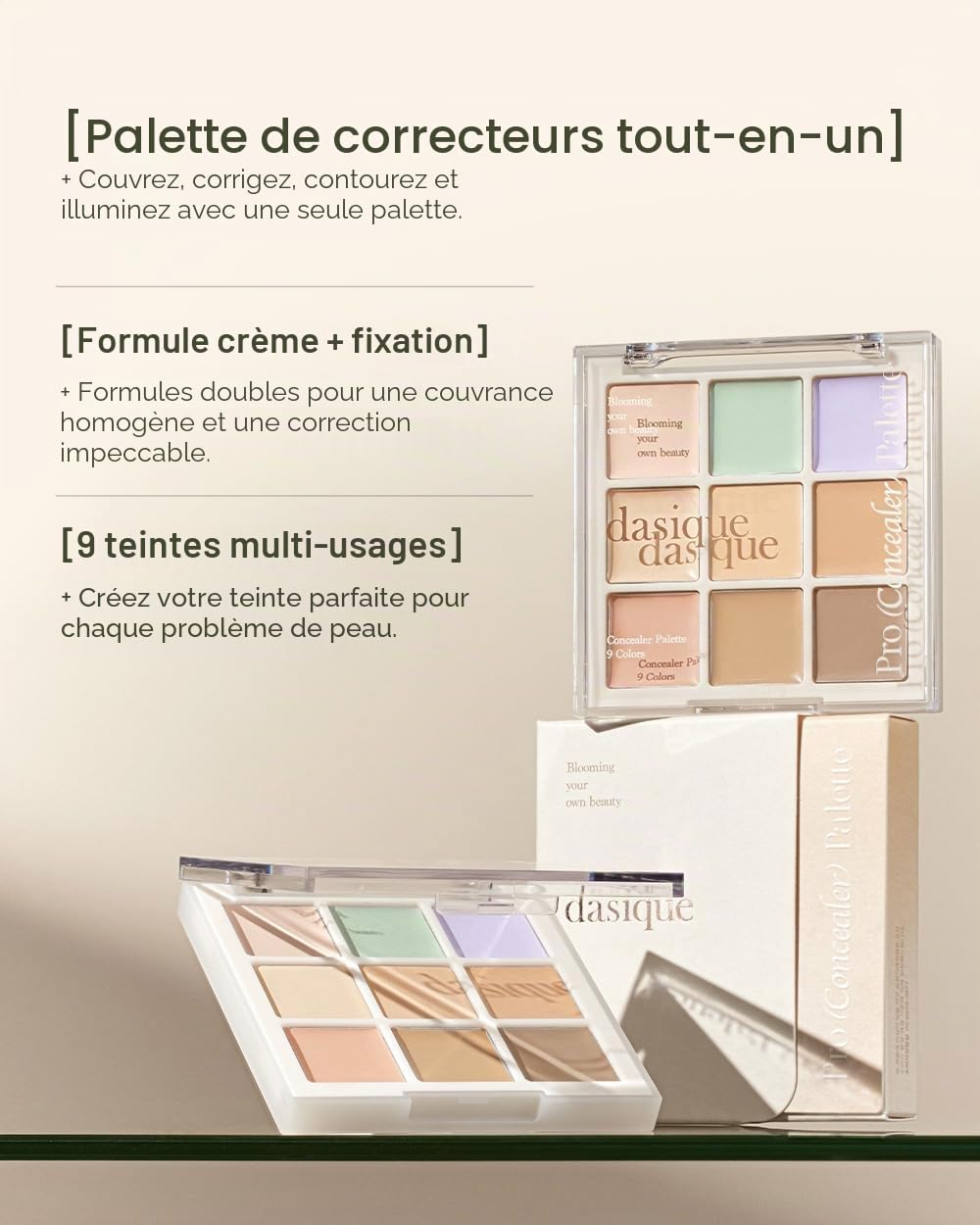 Dasique Pro Concealer 01 Couverture, Palette anti cerne et correcteur de teint à couvrance modulable, fini naturel longue tenue, correcteur multi-usage inspiré du maquillage coréen K Beauty