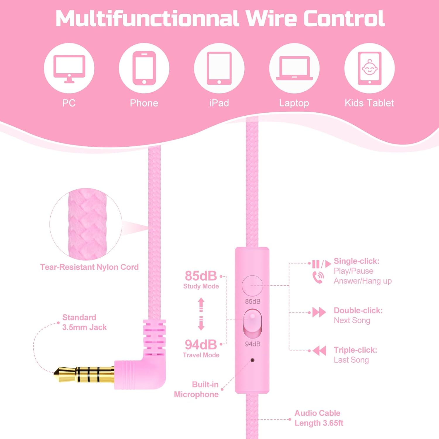 QearFun Kids Cat Ear Headphones Wired with Mic, 85/94dB Safe Volume Limit, Sparkly Wired Headset, Foldable, Sharing Port & Tangle-Free Cord for School, Chromebook, Tablet, Travel, Boys & Girls