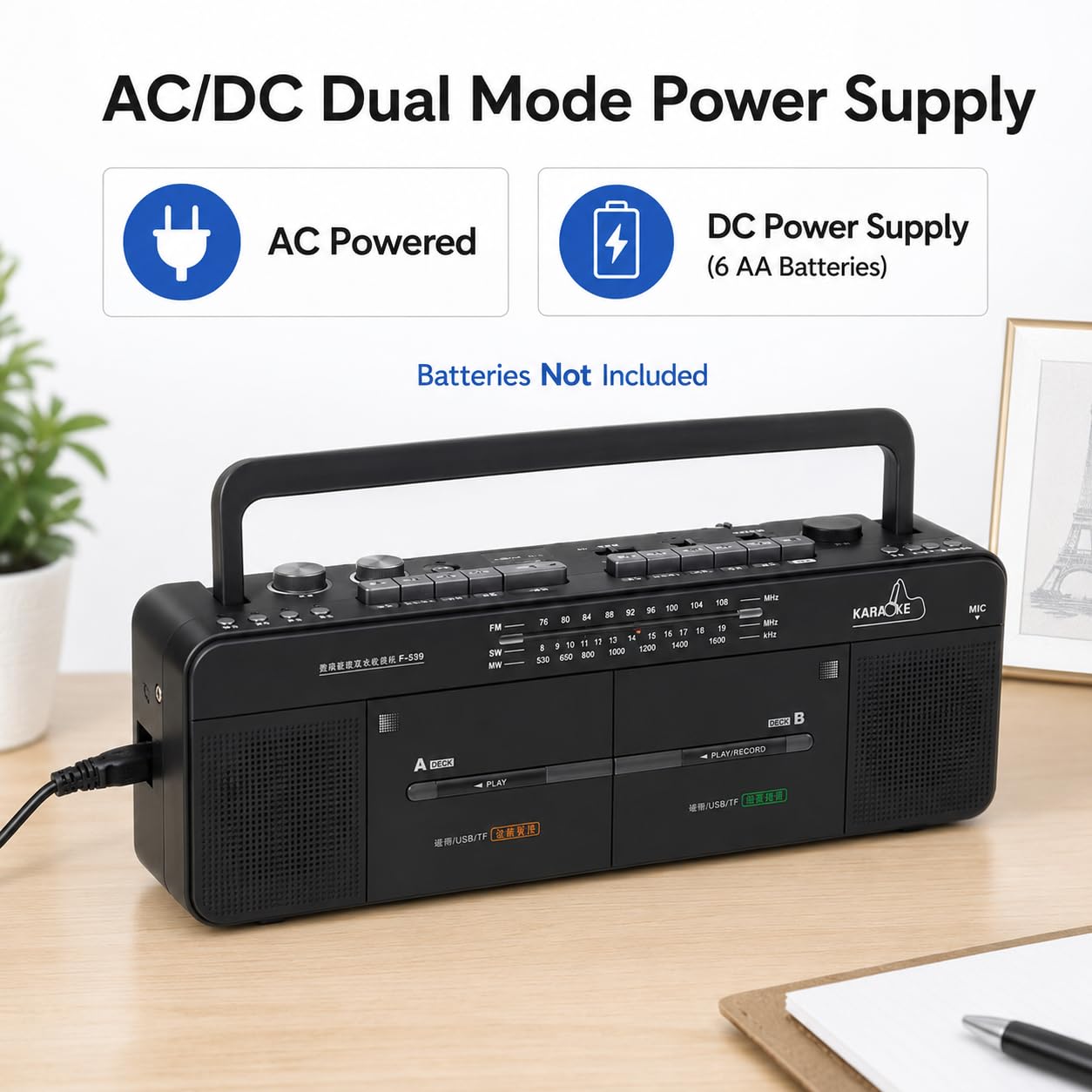 Doppio lettore nastro - Registratore a cassette - Radio FM/SW/WM - Disco MP3/U, riproduzione di schede TF - Registrazione con un clic