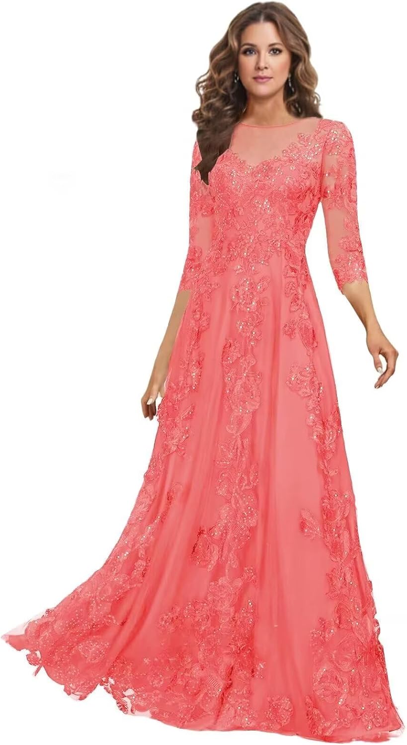 Lace Mother of the Bride Dress Long for Wedding Party Guest 3/4 Sleeves Formal Evening Gown JH028