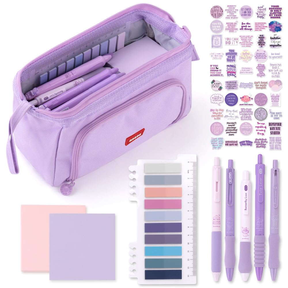 HVOMO Stationery Set,1 large-capacity pencil case,5 quick-drying pens,50 waterproof stickers,2 sticky note pads(200 sheets),1 set of 10-color index labels (200 sheets),Student stationery gift (Purple)