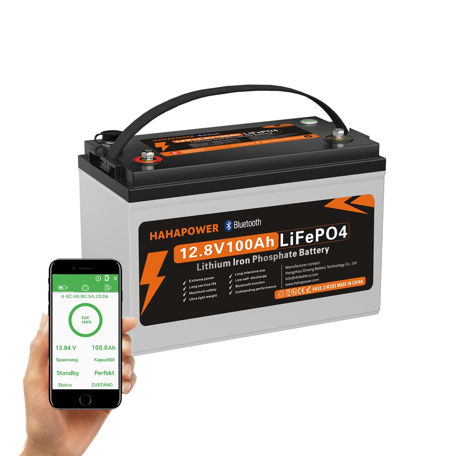 12.8V 100Ah Bluetooth LiFePO4 Batterie, 150A Strom BMS, Smart Power Knopf, Schutz vor niedrigen Temperaturen, Max 15000Cycles, Perfekt für RVs, Wohnmobile, Solaranlagen, Off- Grid