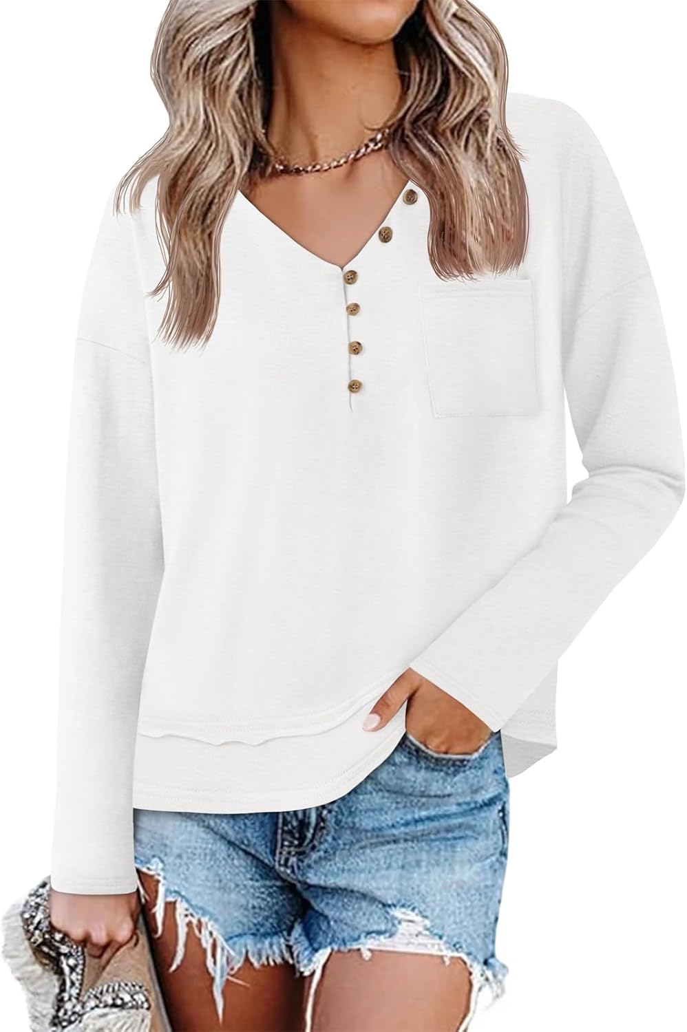 Tankaneo Womens V Neck Henley Shirts Casual Long Sleeve Flowy Tees Cute Loose Fit Tops with Pocket