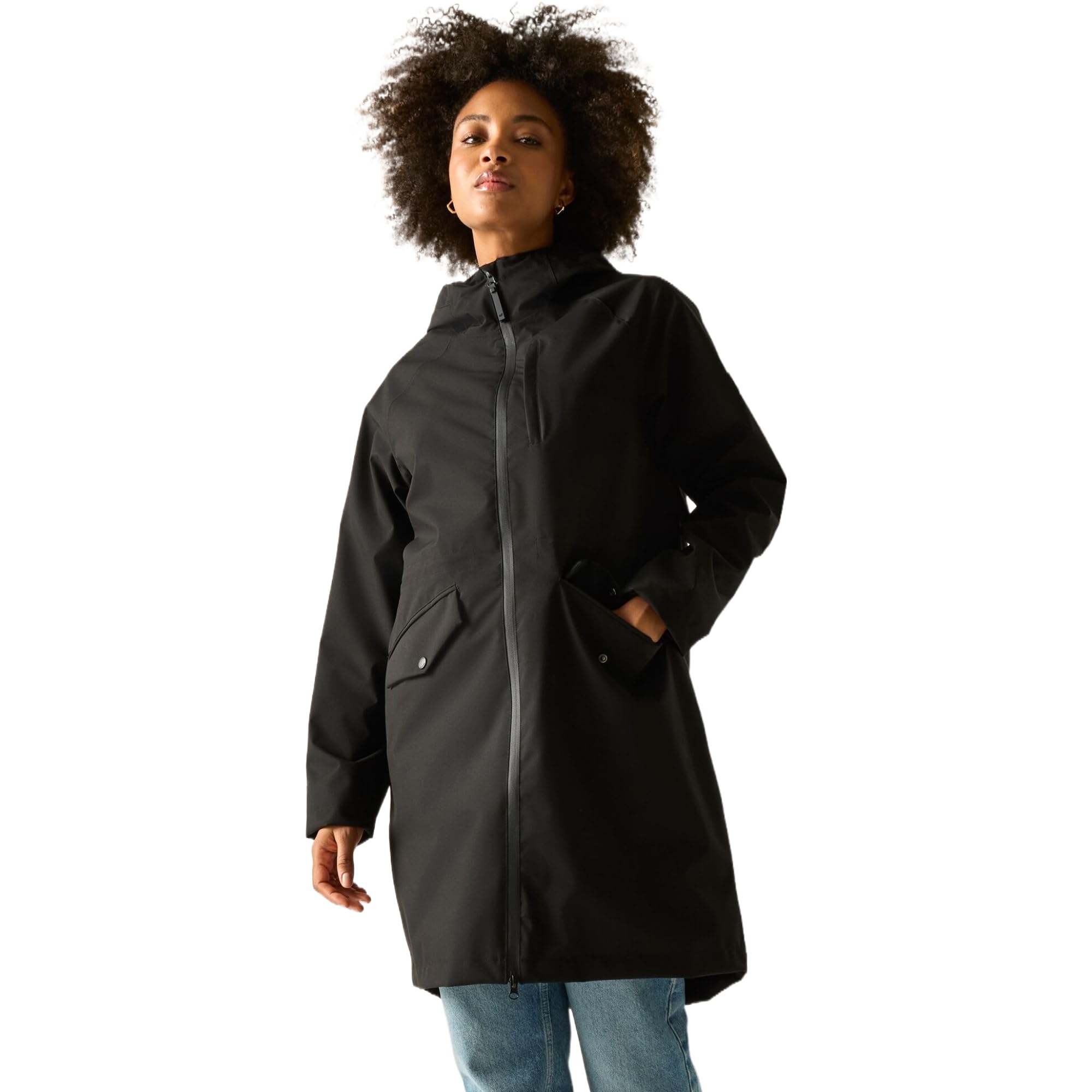 Regatta Women's Levita Longline Hooded Waterproof Jacket in Jet Black | Size: 16