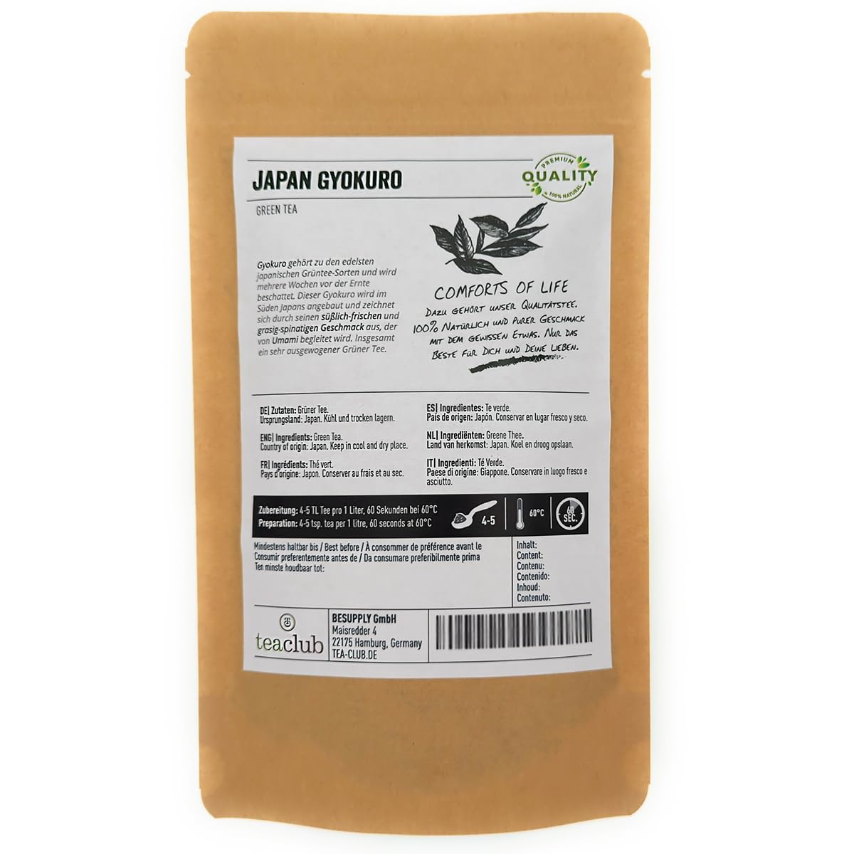 TeaClub Tè Verde Giapponese Gyokuro Kagoshima 500g, in Foglie Sfuse, Dolcezza e Umami