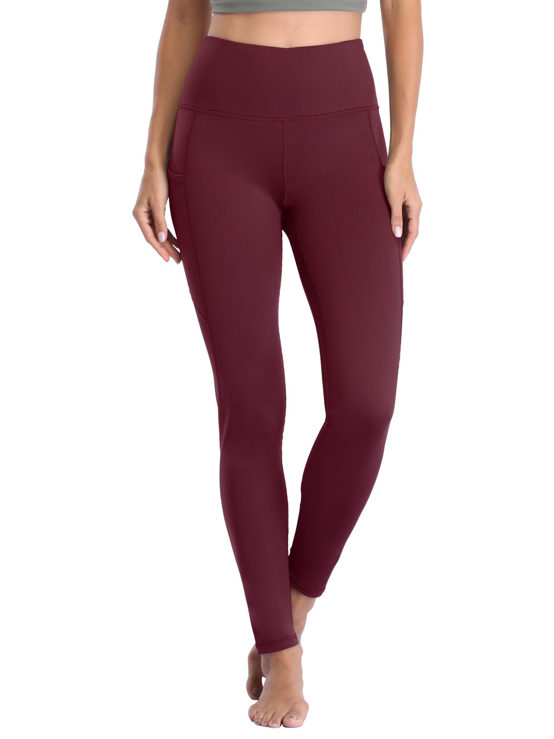 Willit Leggings de yoga pour femme avec doublure en polaire et doublure en polaire Taille haute avec poches Rouge vin Taille M