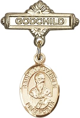 14kt Yellow Gold Baby Badge with St. Alexander Sauli Charm and Godchild Badge Pin 1 X 5/8 inches
