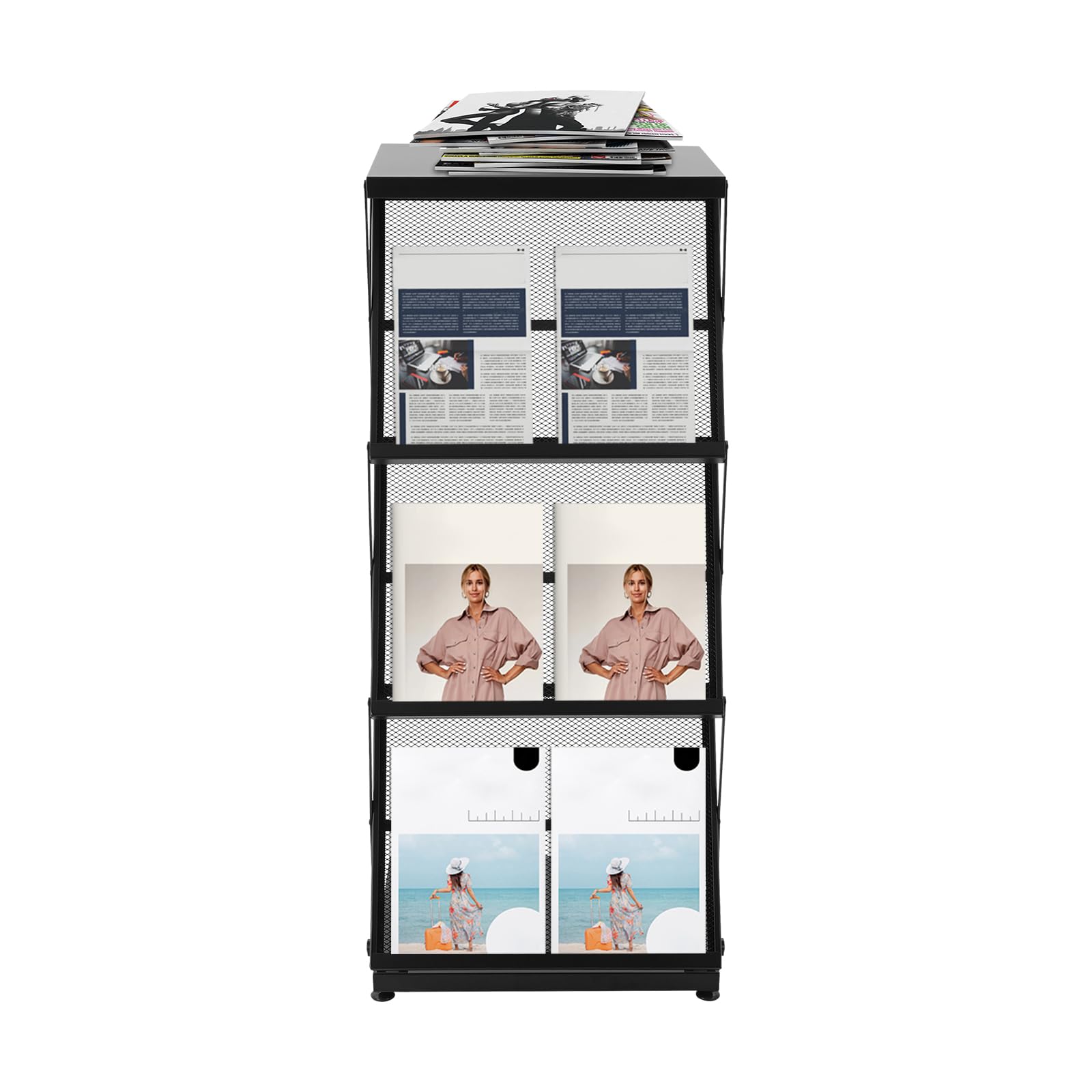 Supporto per brochure in ferro nero con struttura a 3 livelli, design a